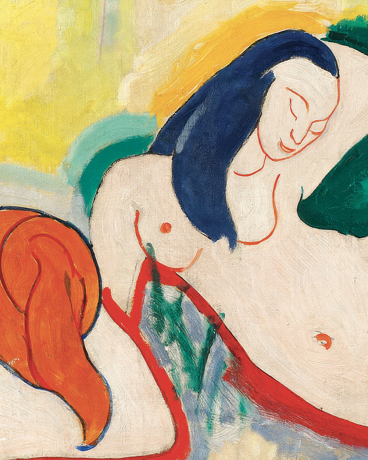 Fragment obrazu Henriego Matisse’a: leżący akt o granatowych włosach na żółto-zielono-czerwonym tle