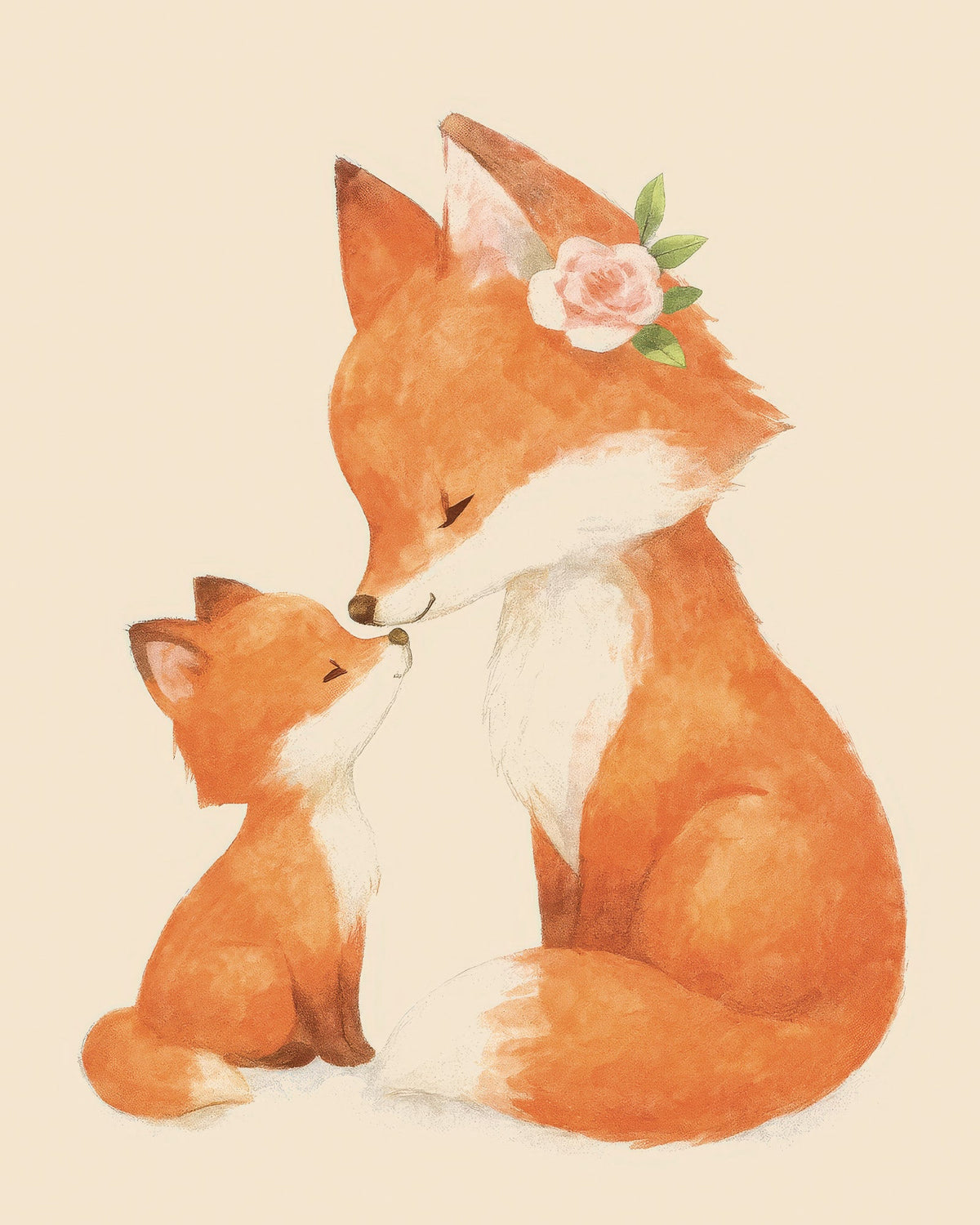 Watercolor illustration of a mother fox with a pink rose on her head touching noses with her cub