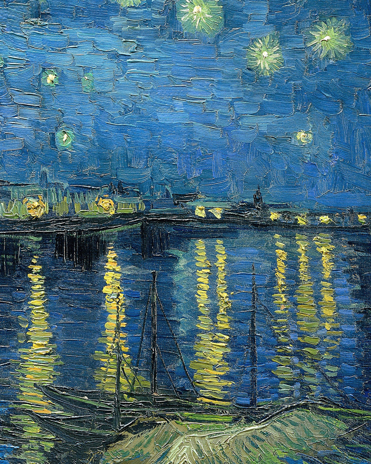 Fragment obrazu Gwiaździsta noc nad Rodanem (1888) Vincenta van Gogha: światła Arles odbijają się w rzece pod błękitnym, rozgwieżdżonym niebem