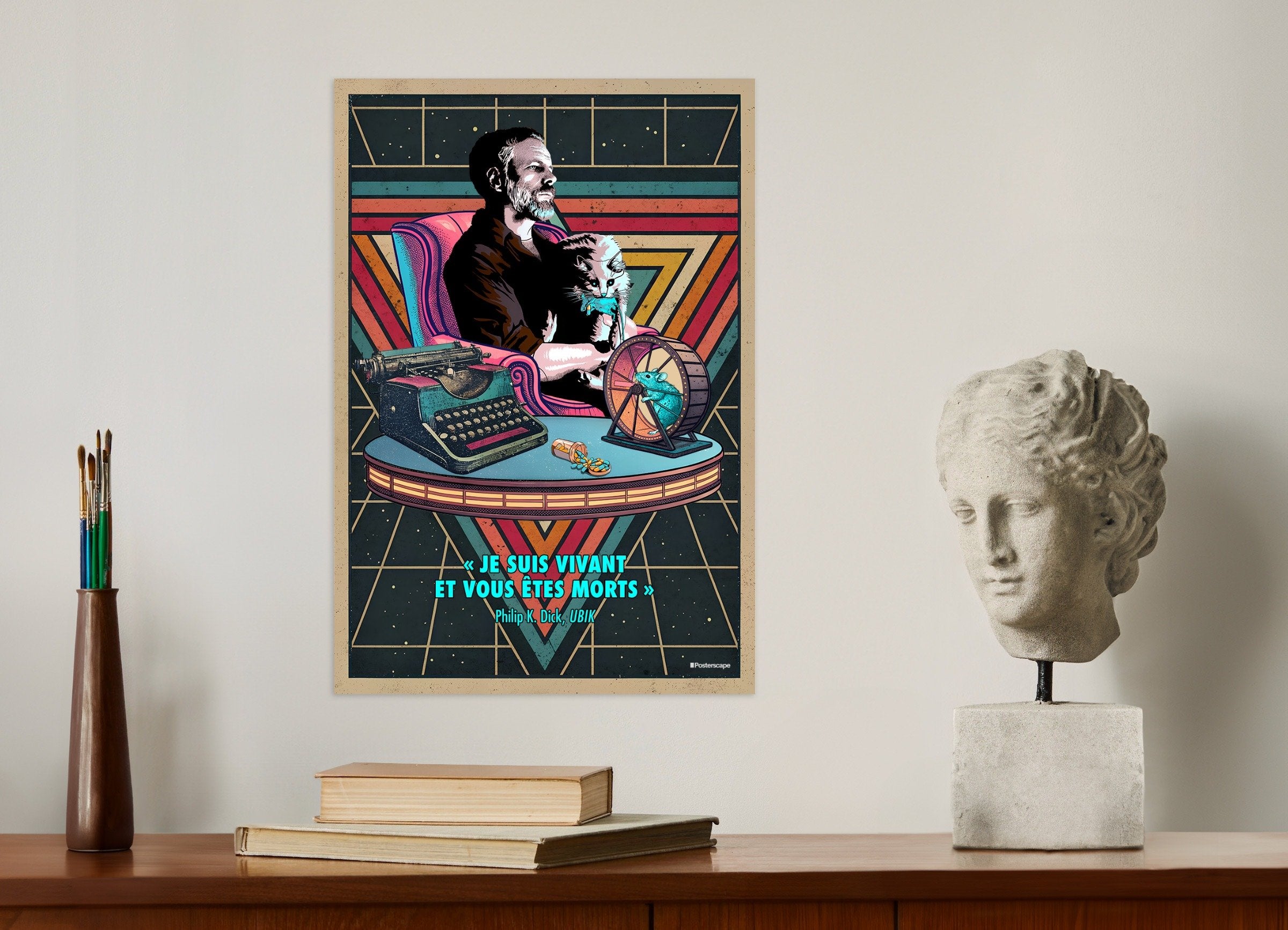 Plakat z cytatem Philipa K. Dicka - "Jestem żywy, a ty jesteś martwy" - Retro plakat science fiction