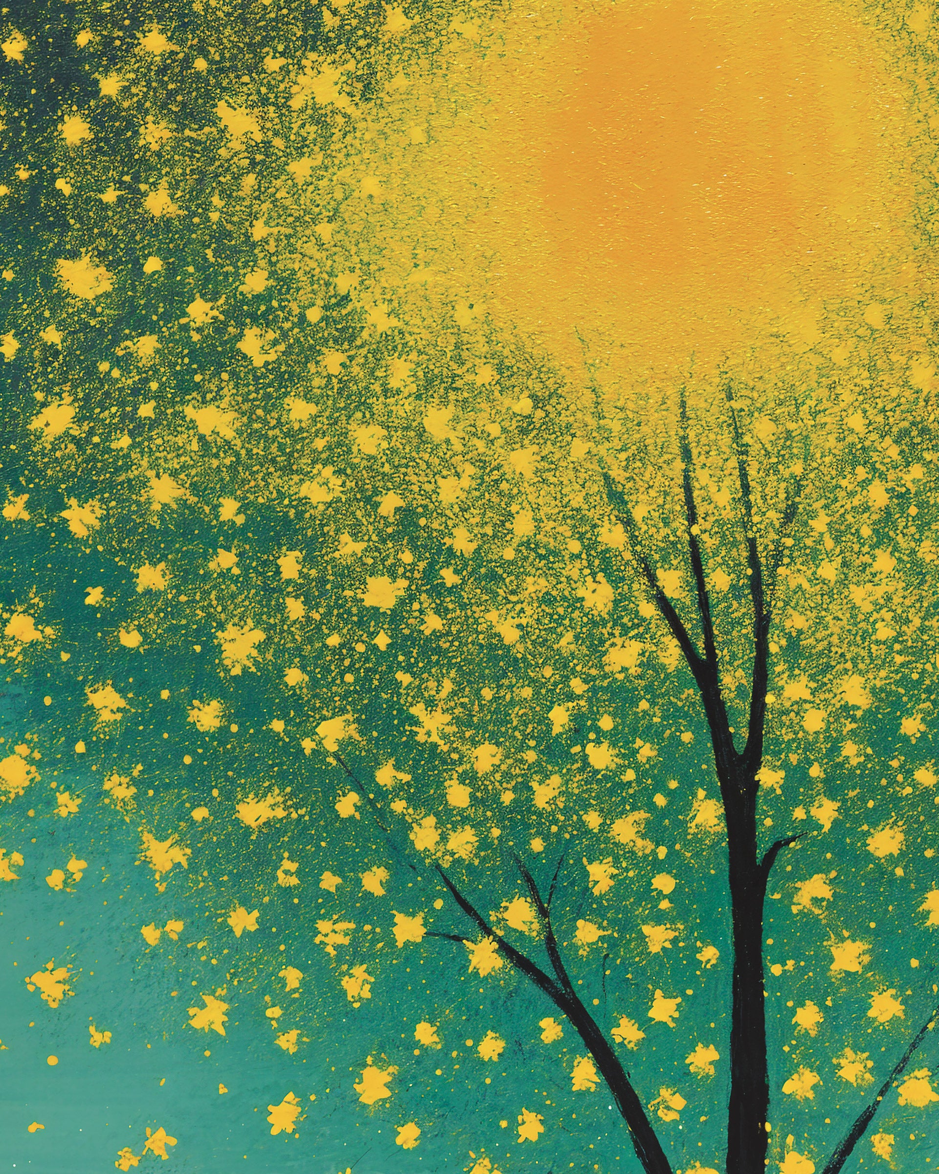 An abstract art print depicting a dark tree silhouette against a textured teal and yellow background with a large glowing yellow-orange sun.