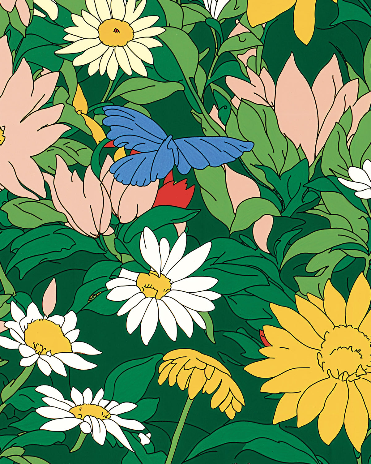 Kolorowa ilustracja z kwiatowym wzorem przedstawiająca białe i żółte stokrotki, różowe kwiaty, zielone liście oraz niebieskiego motyla na ciemnozielonym tle.
