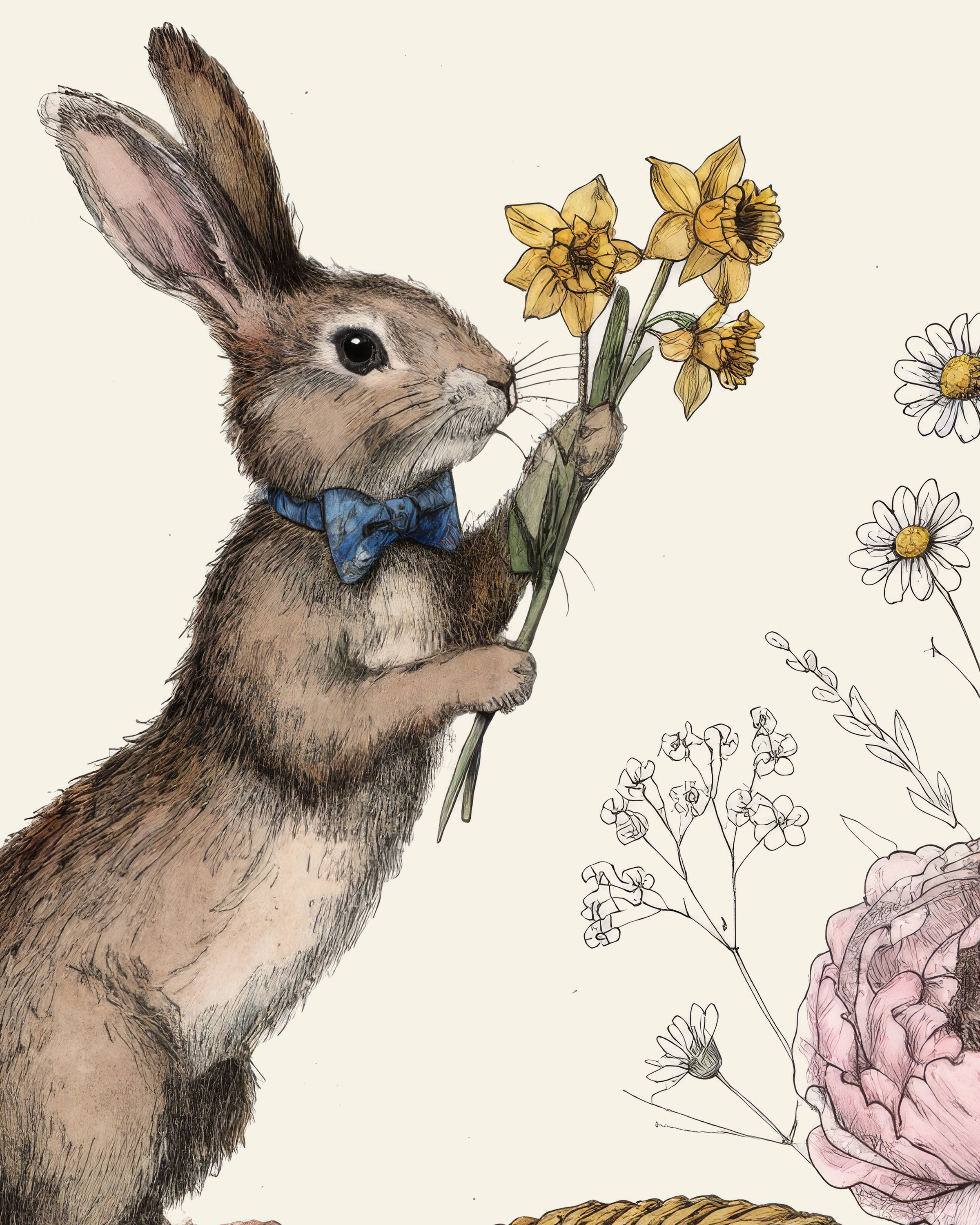 Plakat z zającem w muszce i koszykiem wielkanocnym