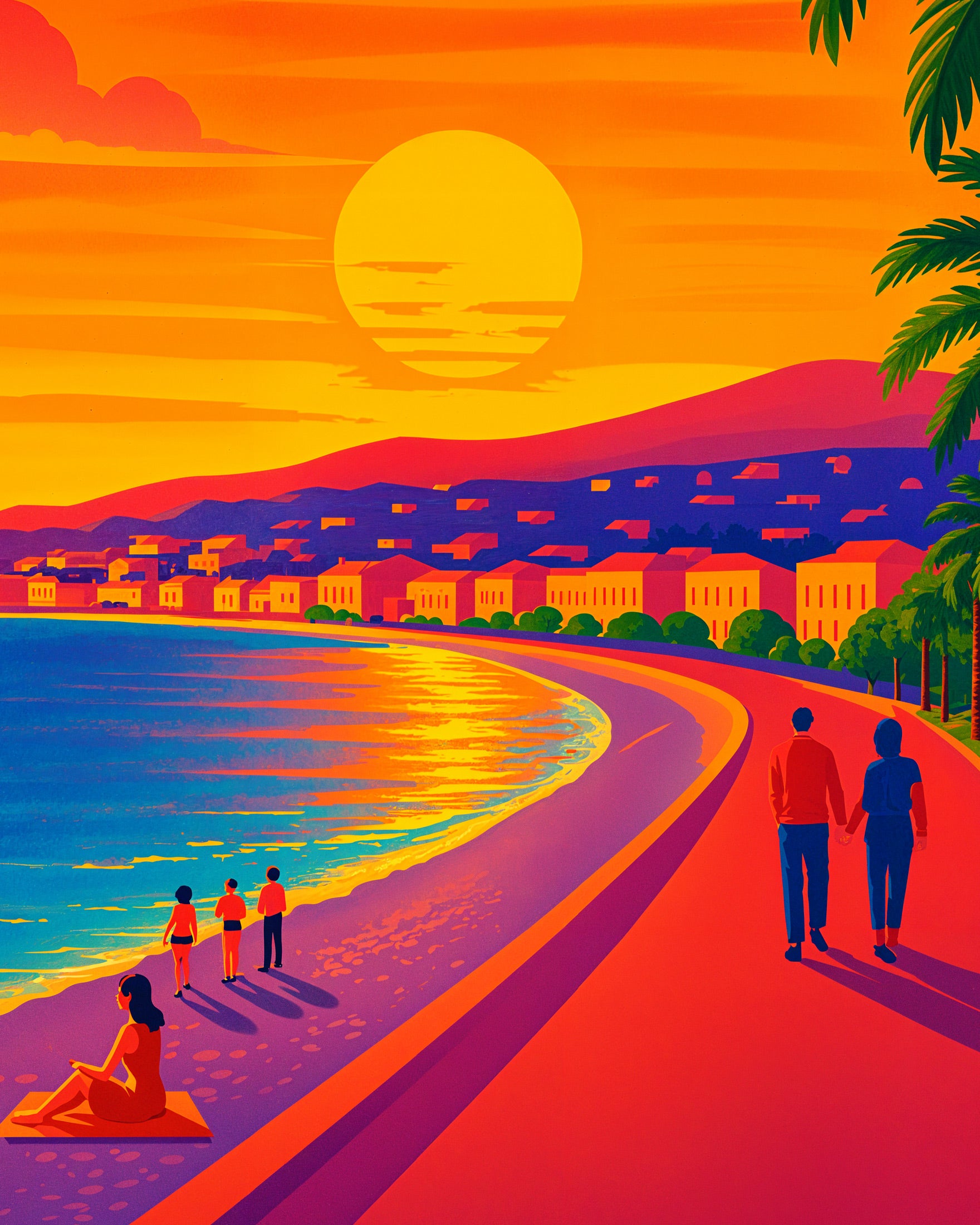 Spacer o zachodzie słońca w Nicei, Francja – Promenade des Anglais Plakat
