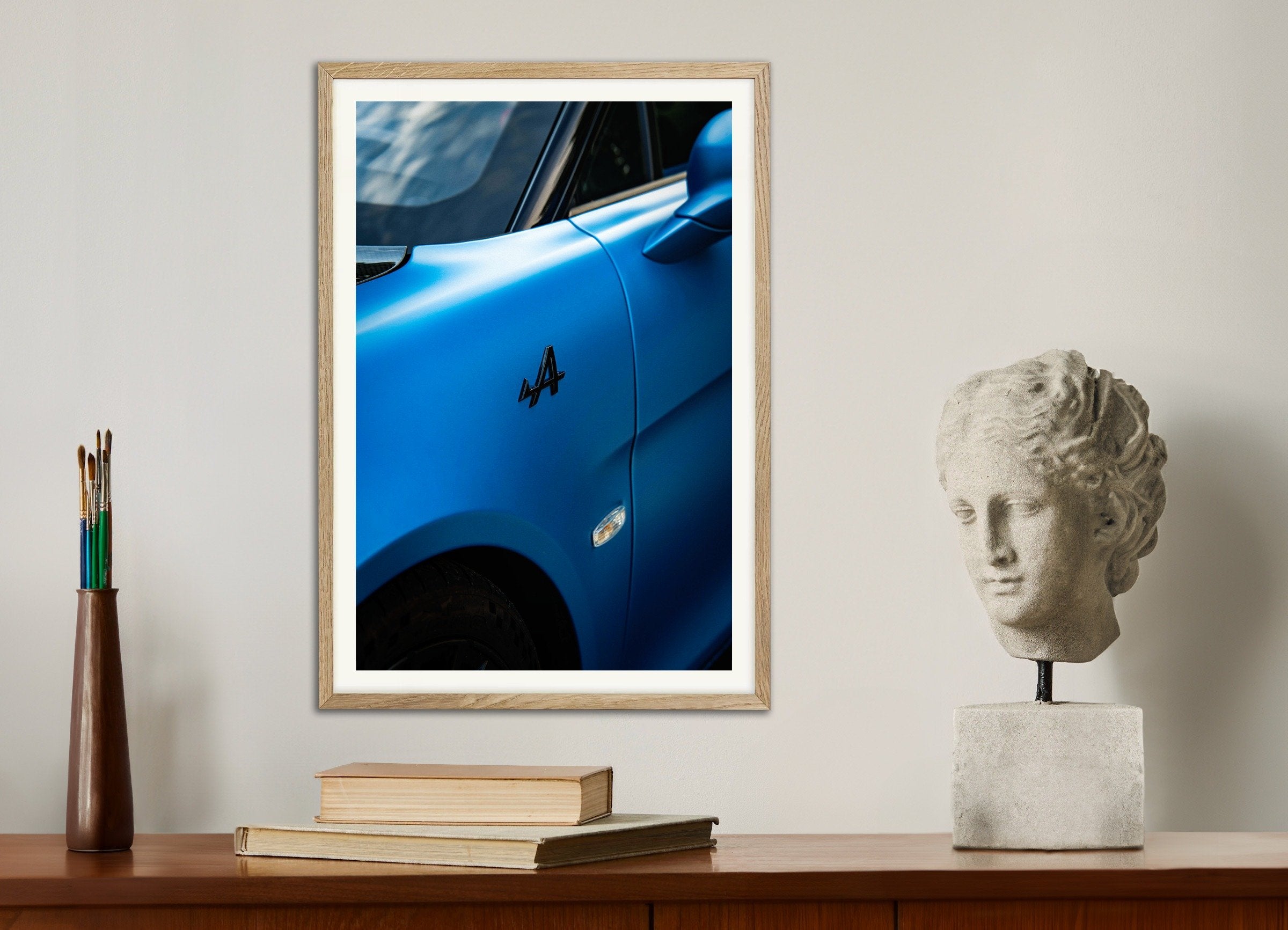 Poster of Alpine A110 Close-Up – Car Photography Poster, with natural wooden frame