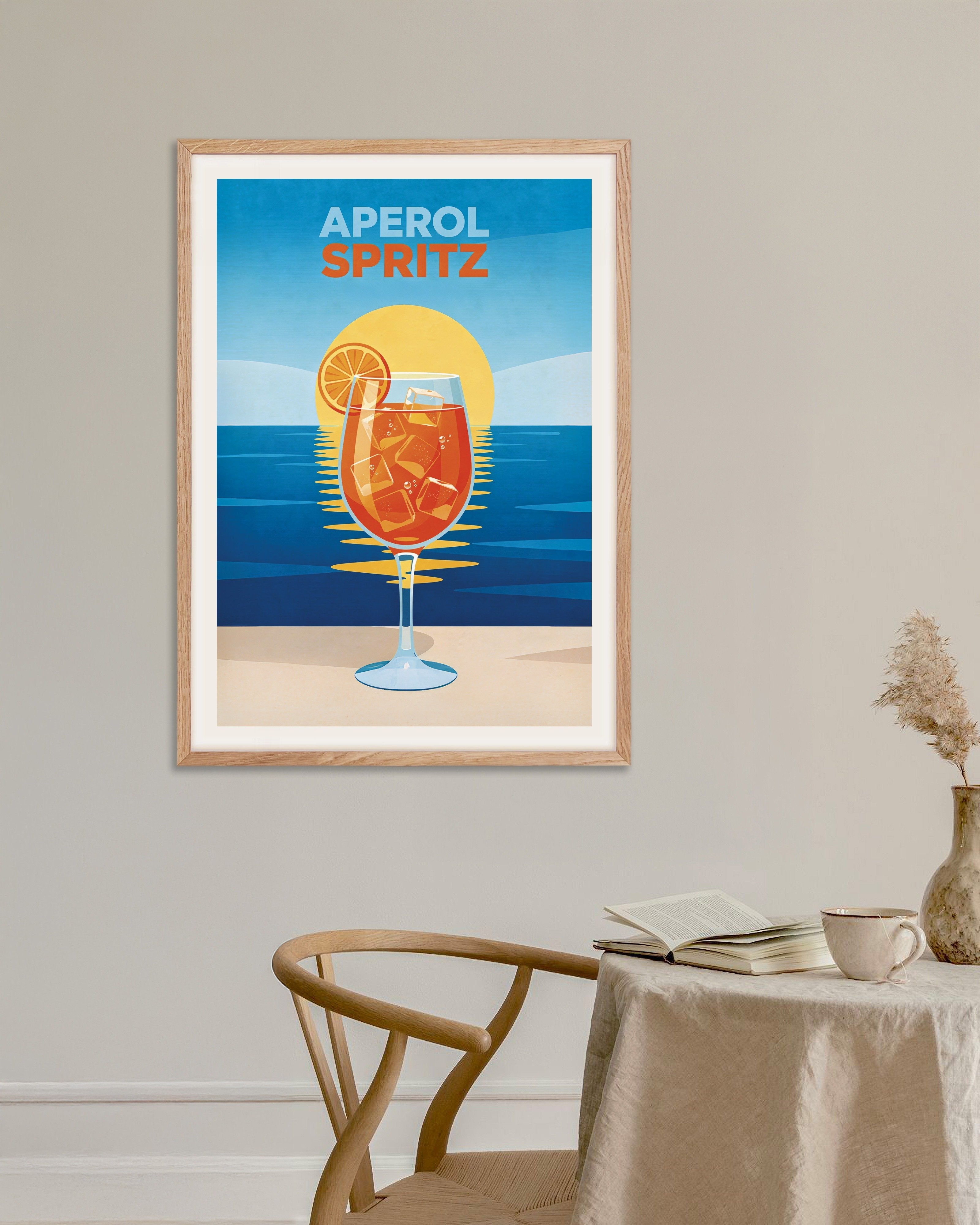 Poster of Aperol Spritz at Sunset - Modern Cocktail Poster, with natural wooden frame