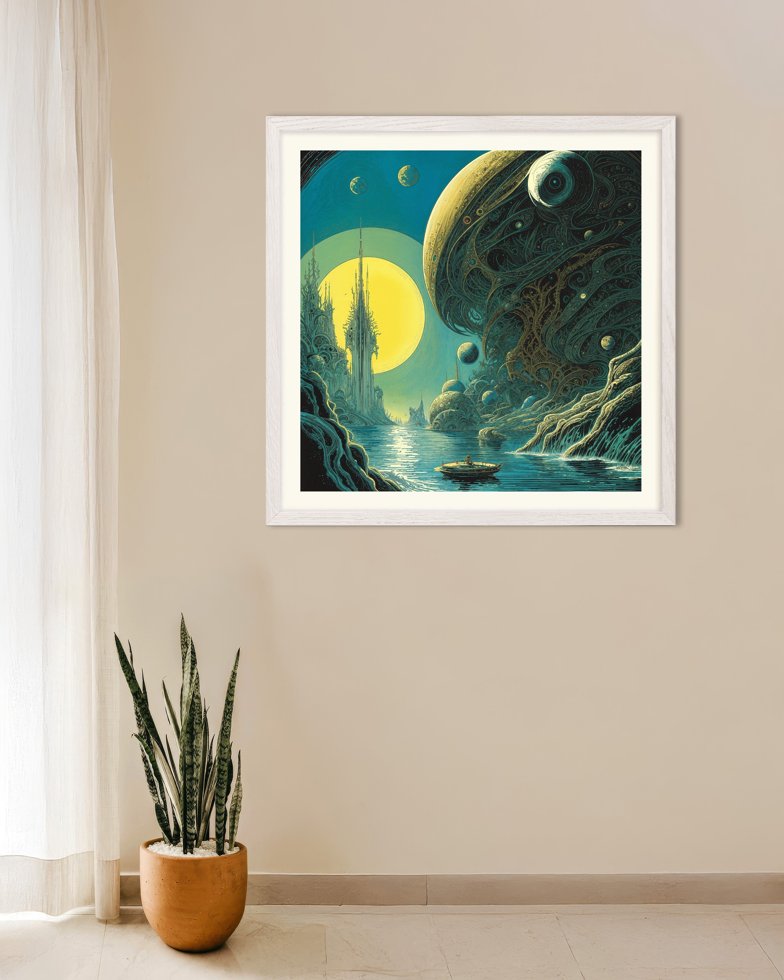 Poster of Aquatic Symbiosis - Cosmic Leviathan Over Tidal City - Poster, with white wooden frame