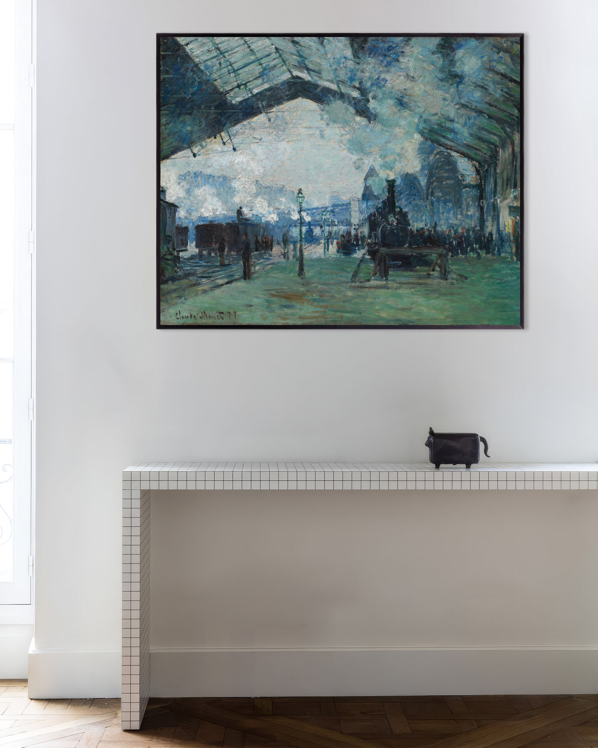 Plakat Przyjazd pociągu z Normandii, dworzec Saint-Lazare (1877), Claude Monet, w metalowej ramie