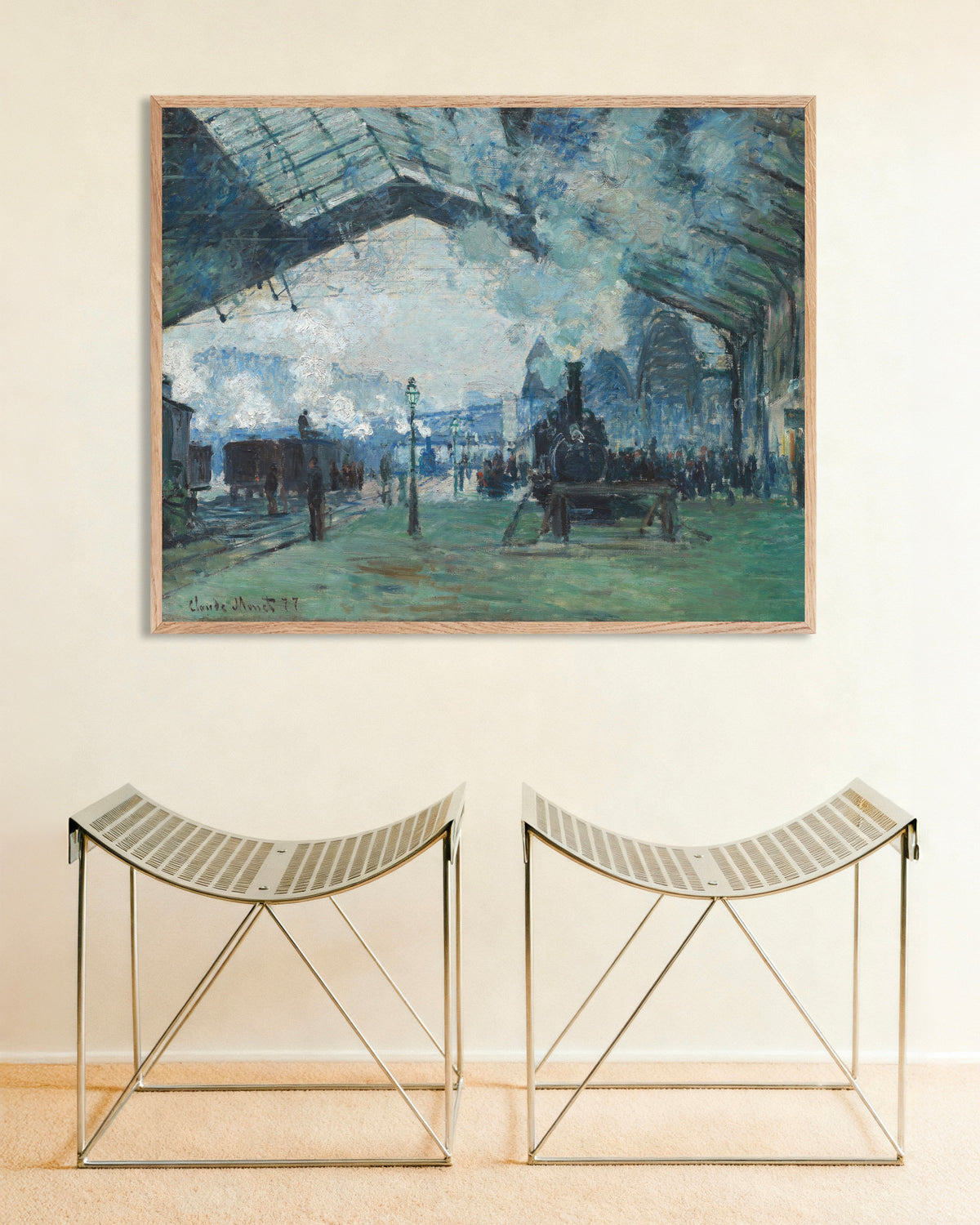 Plakat Przyjazd pociągu z Normandii, dworzec Saint-Lazare (1877), Claude Monet, w ramie z naturalnego drewna