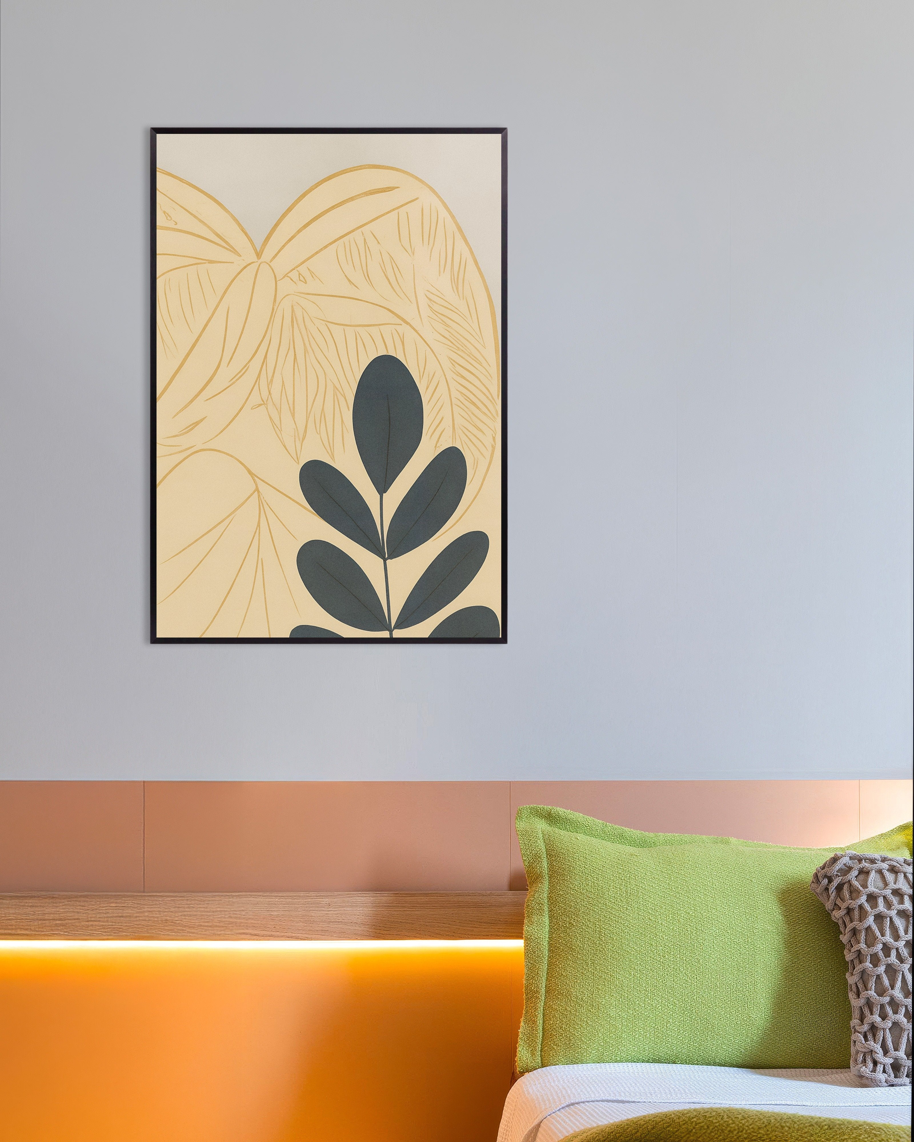 Poster of Autumn Botanical Poster – Graphic Leaves on Beige, with metal frame