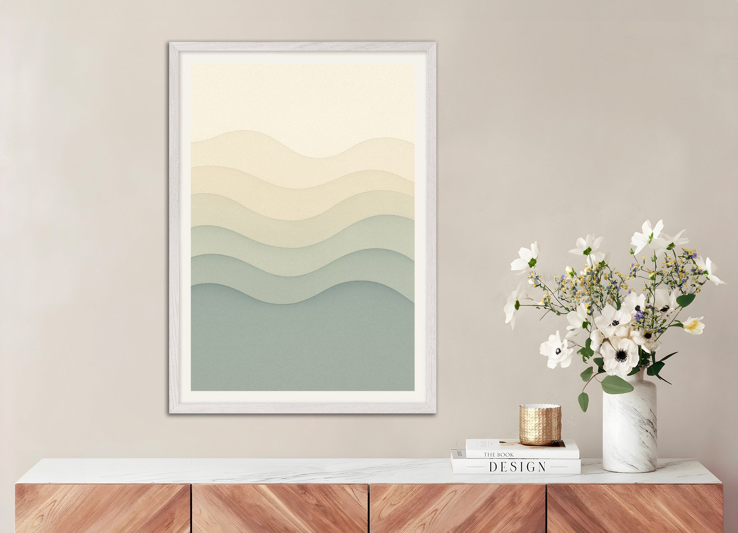 Poster of Beige and blue abstract waves print, with white wooden frame