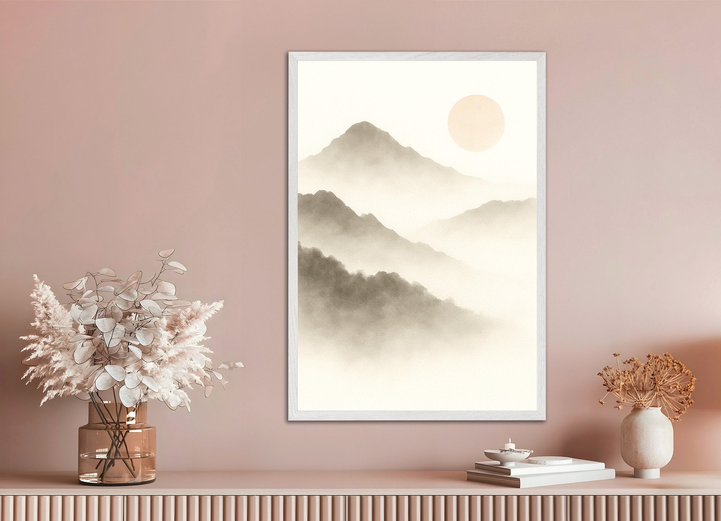 Poster of Beige mountain landscape art print, with white wooden frame