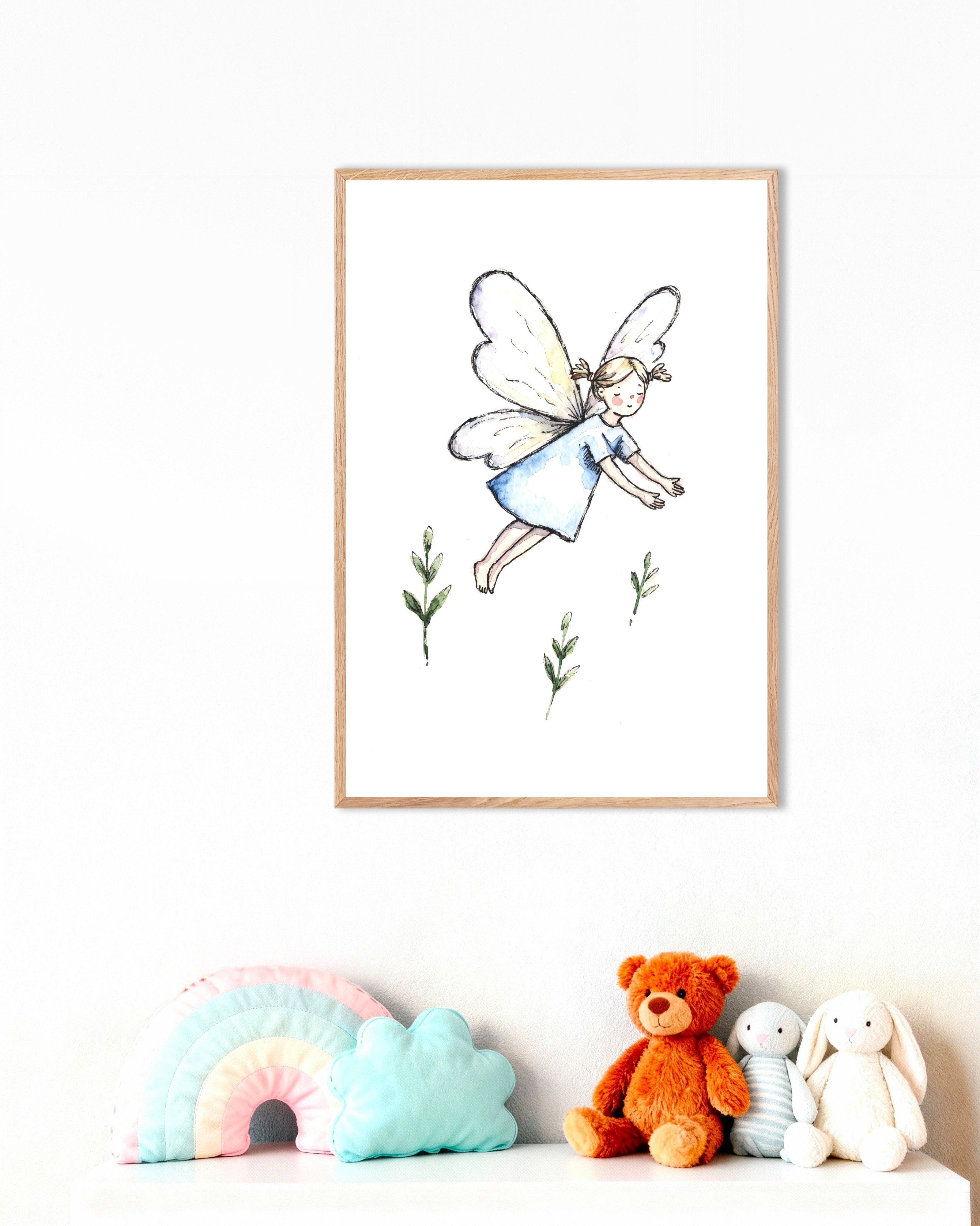 Poster of Blue Dress Fairy - Watercolor Art Print, with natural wooden frame