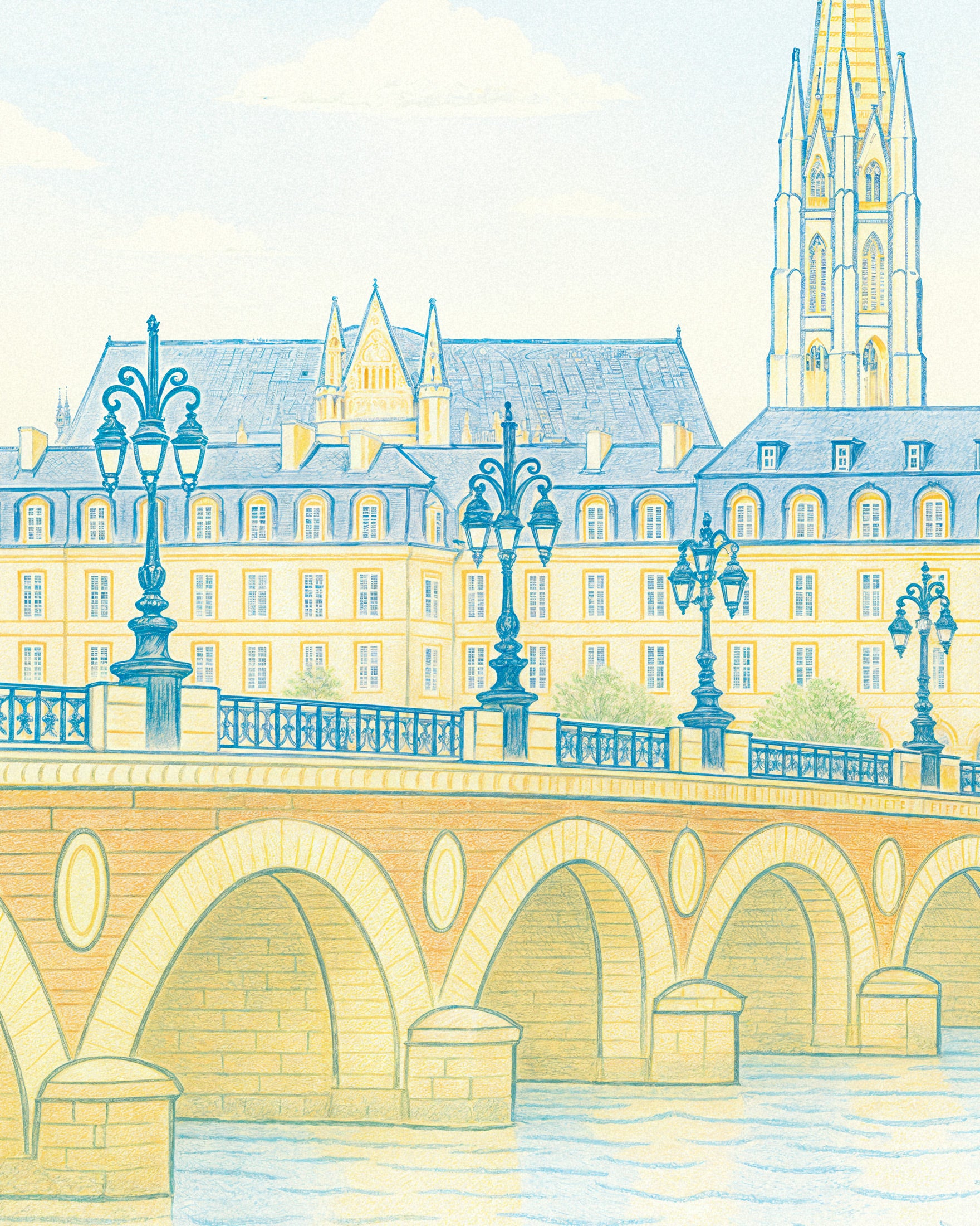 Plakat Bordeaux – Ręcznie Rysowany Krajobraz Miejski w Delikatnych Pastelach