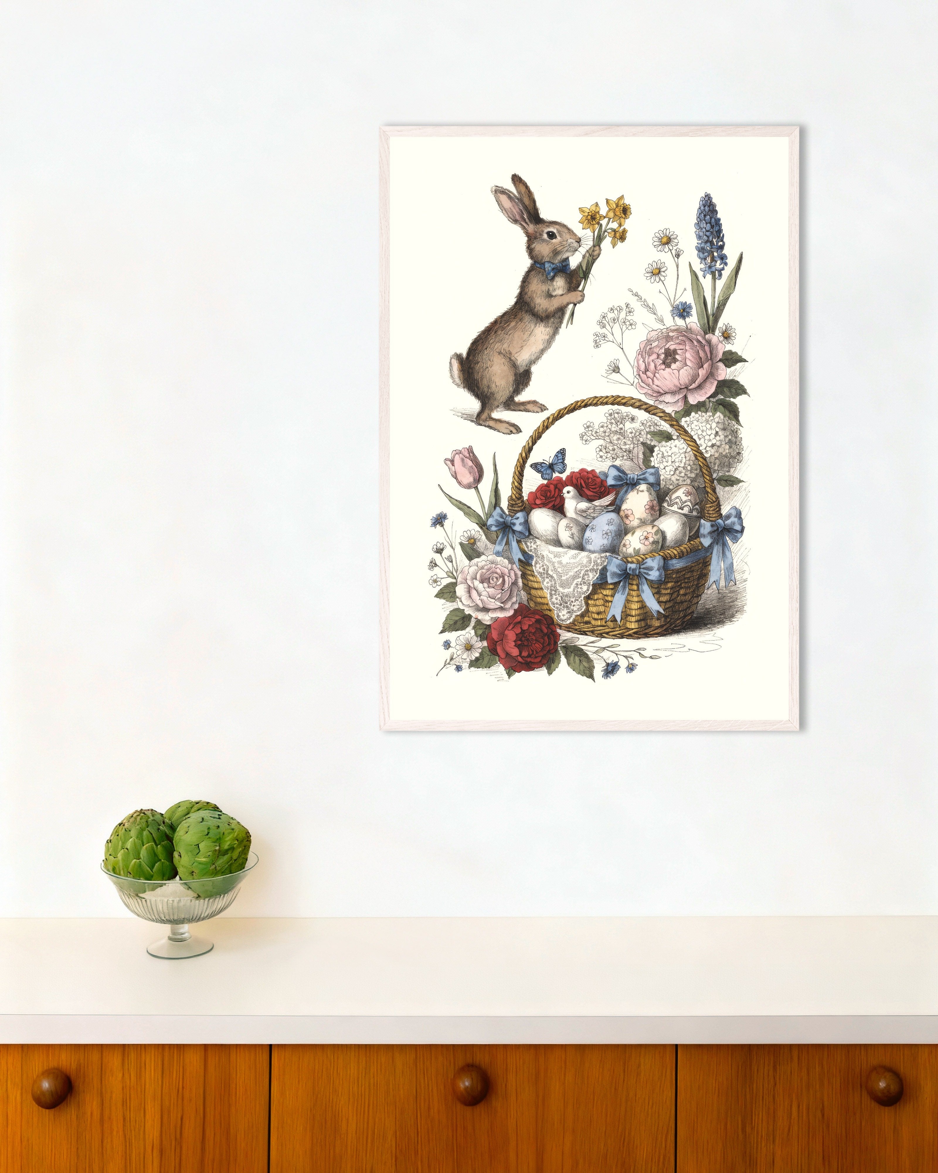 Poster of Bow-Tie Bunny with Easter Basket Art Print, with white wooden frame