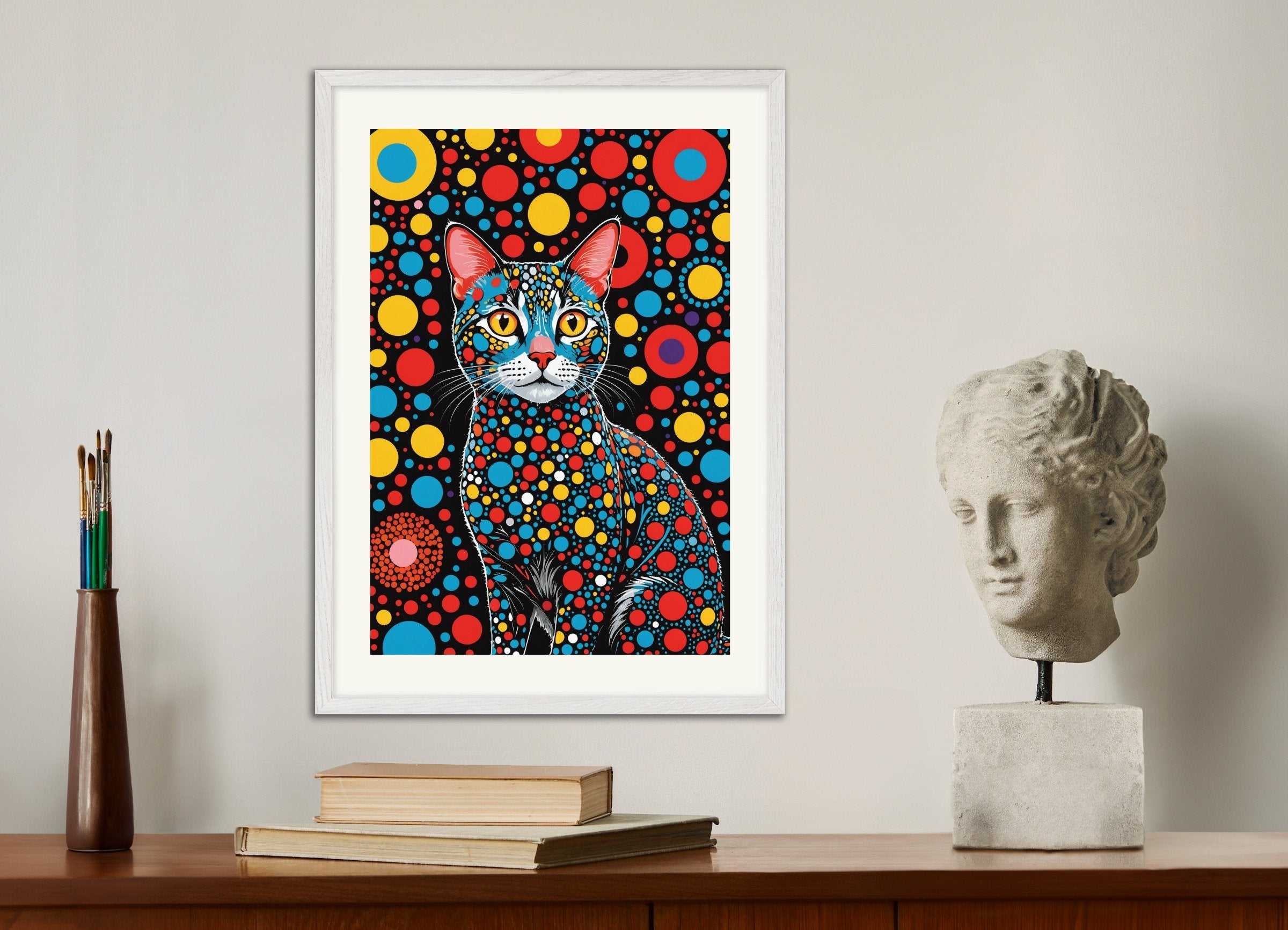 Poster of Cat and colorful dots, with white wooden frame
