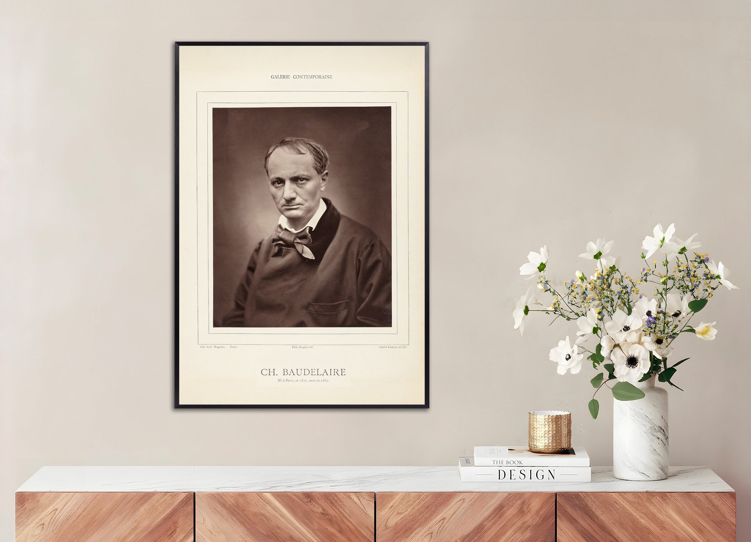 Poster of Charles Baudelaire, portrait by Étienne Carjat, with metal frame