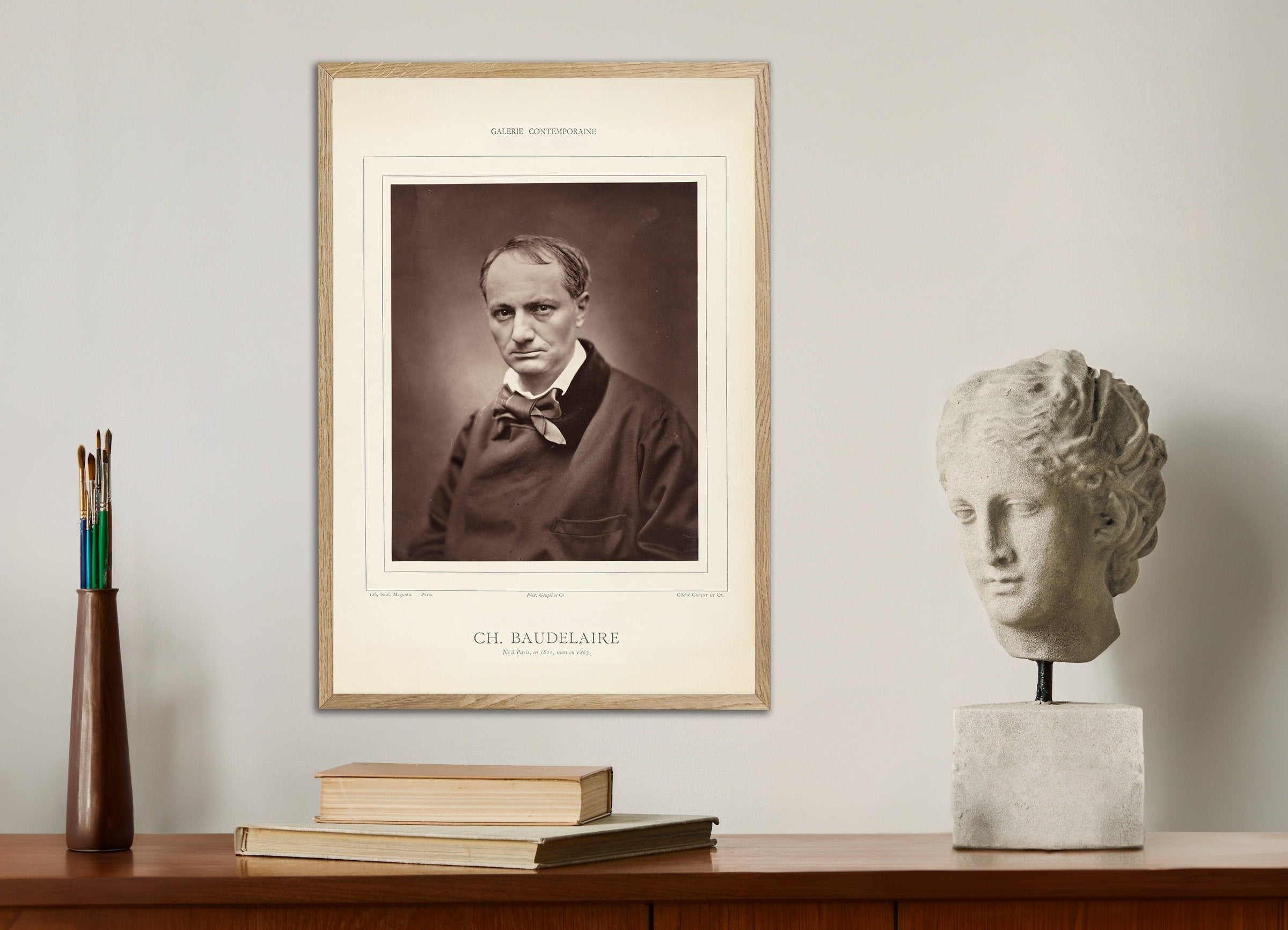 Poster of Charles Baudelaire, portrait by Étienne Carjat, with natural wooden frame