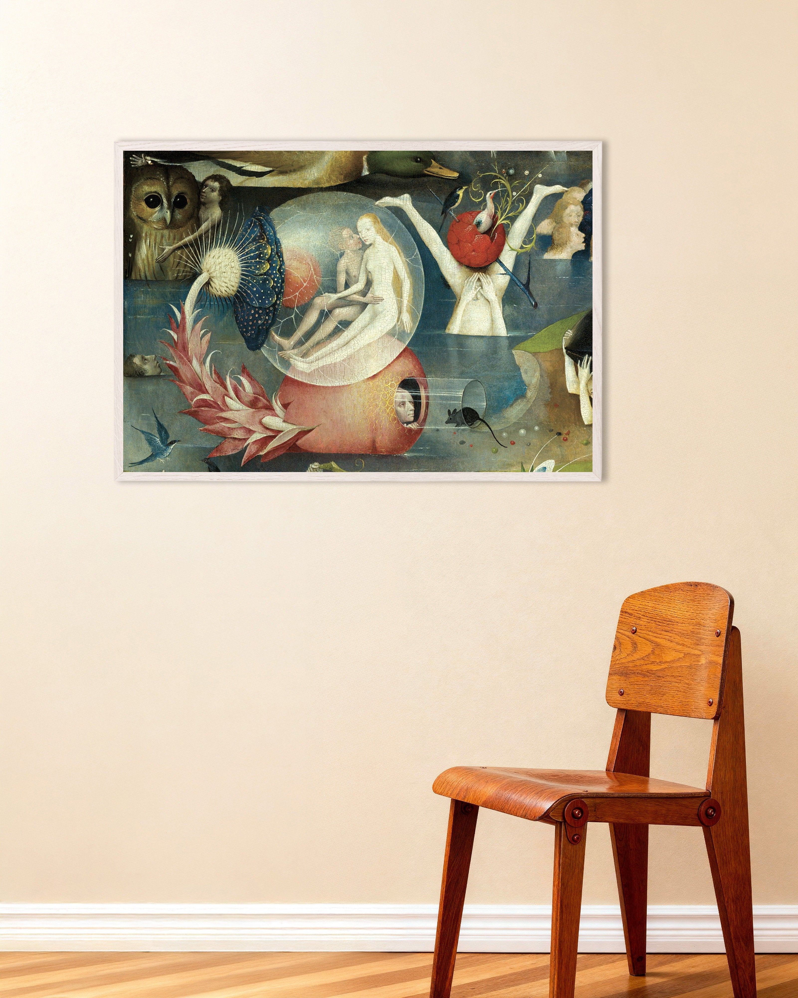 Poster of Detail from The Garden of Earthly Delights: giant birds and the mouse in the tube, with white wooden frame