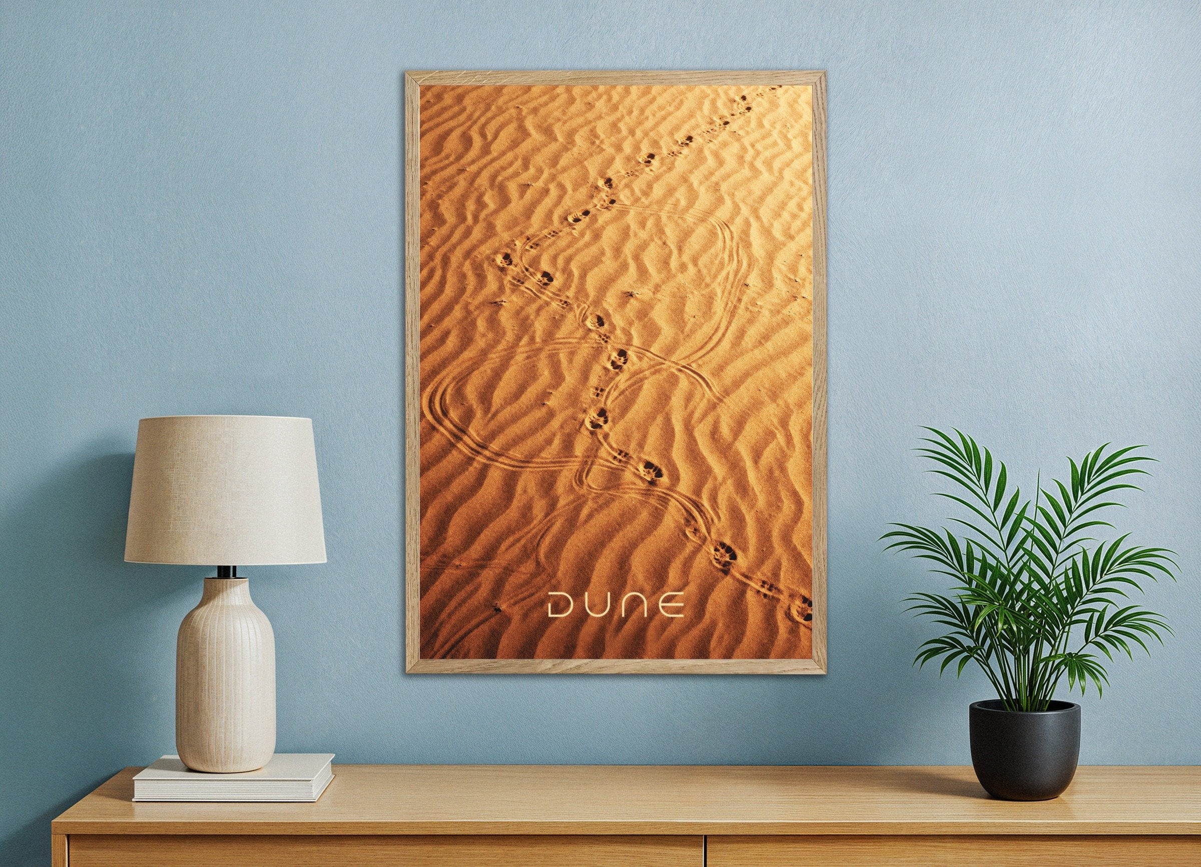 Poster of Dune Sandwalk, Desert footsteps poster, with natural wooden frame