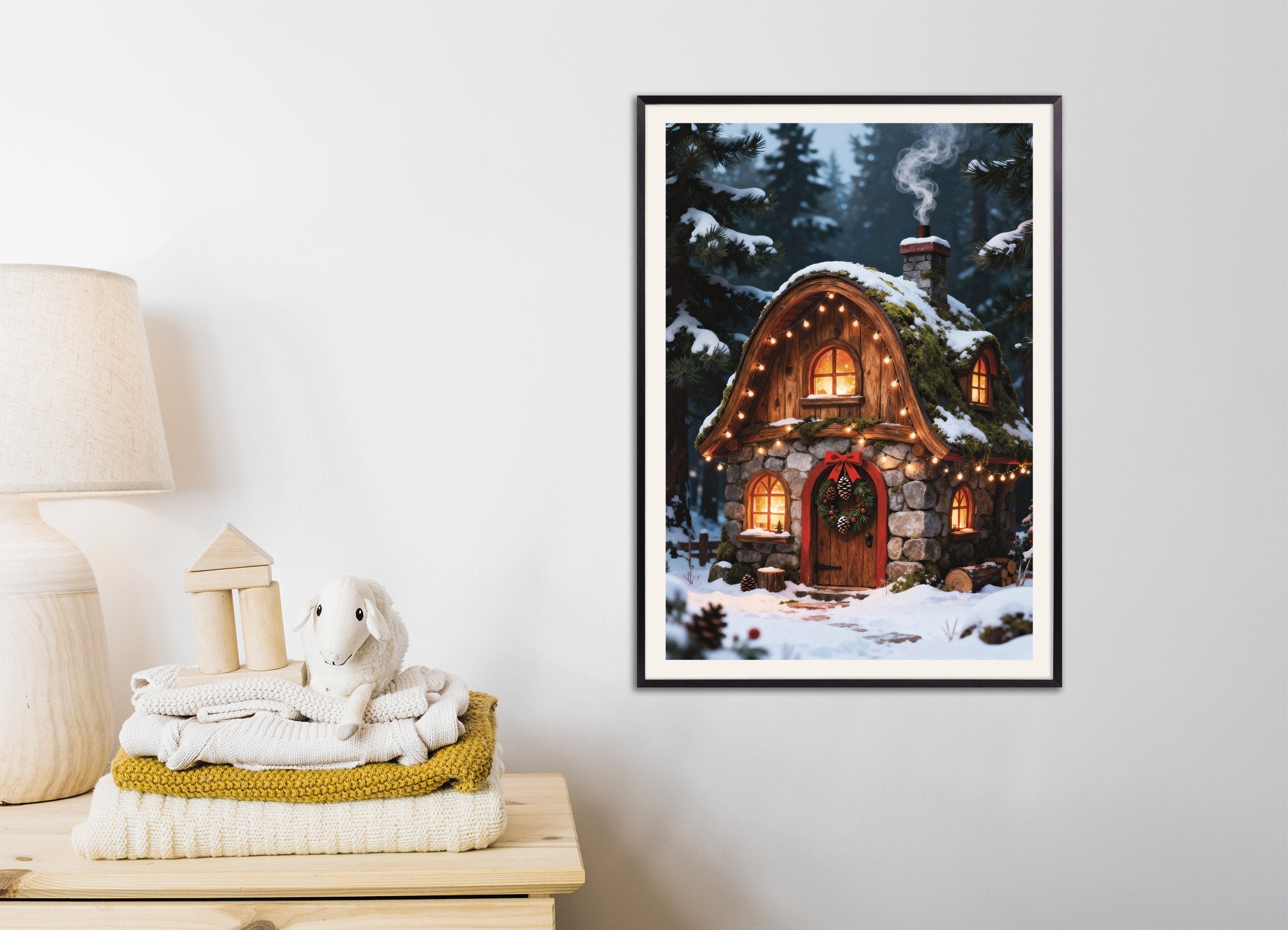 Poster of Elf cottage in the snowy forest poster, with metal frame