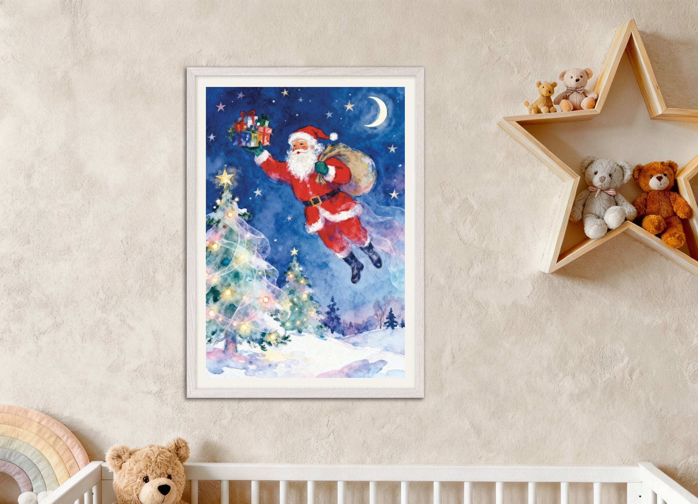 Poster of Flying Santa watercolor poster, with white wooden frame