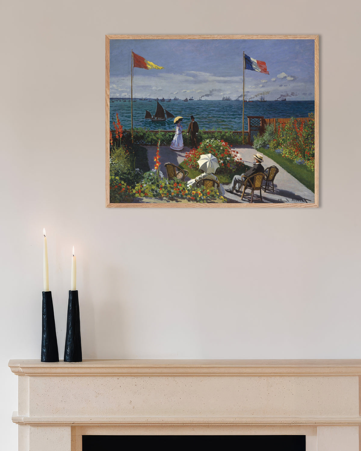 Plakat Ogród w Sainte-Adresse (1867), Claude Monet, w ramie z naturalnego drewna