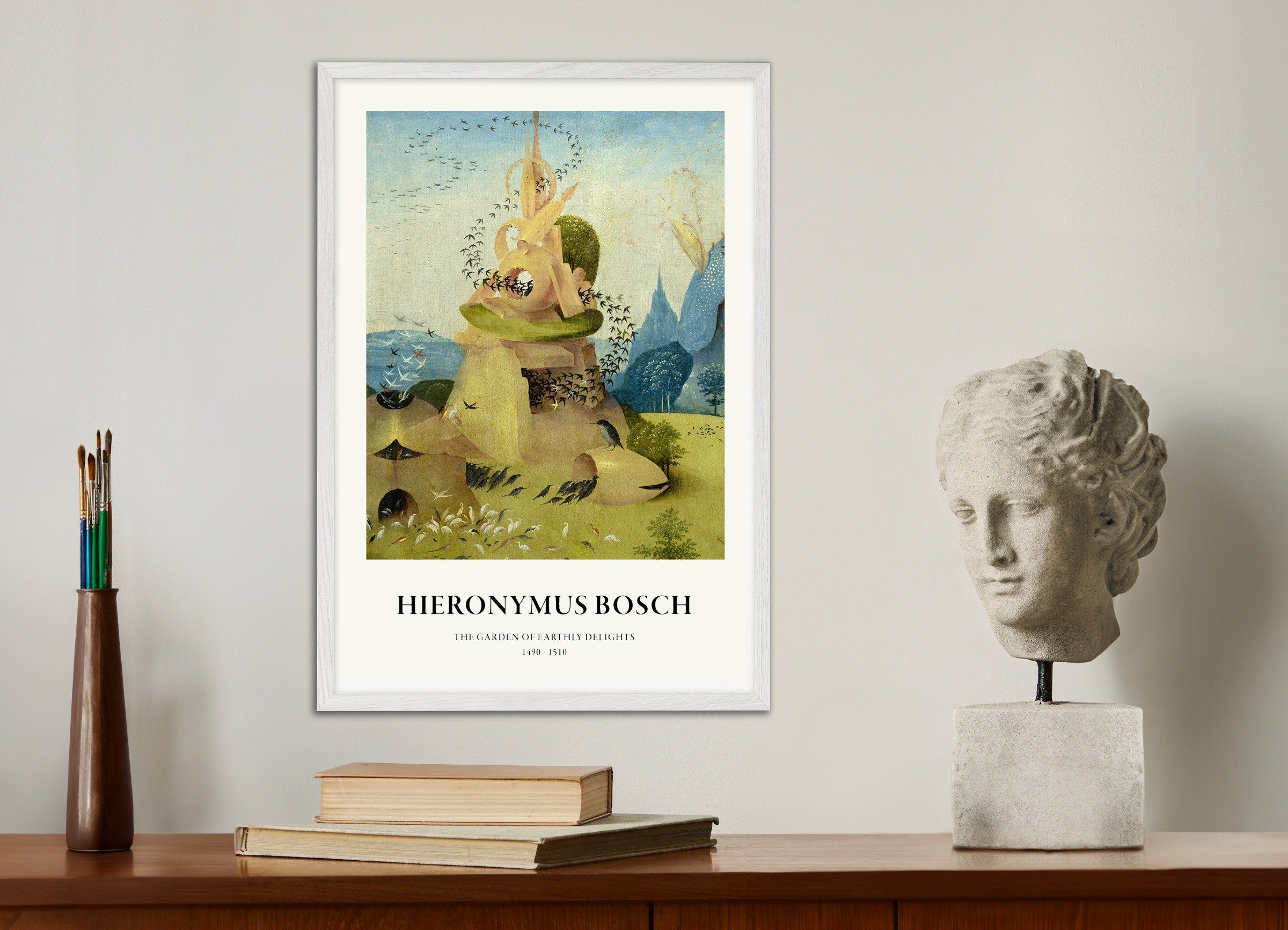 Poster of Garden of Earthly Delights Print, Detail 02, with white wooden frame