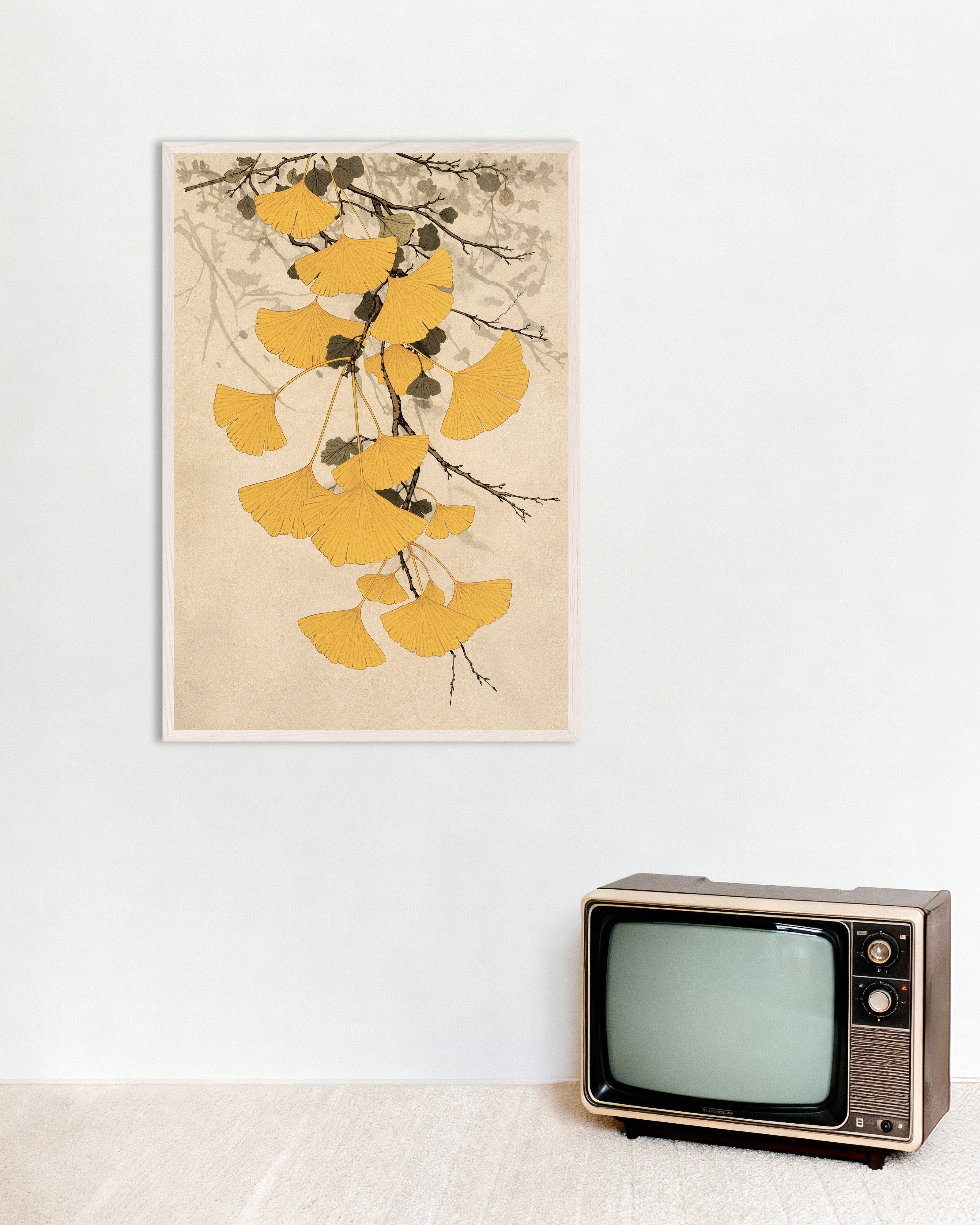 Poster of Ginkgo Biloba Branch Japanese Botanical Poster, with white wooden frame