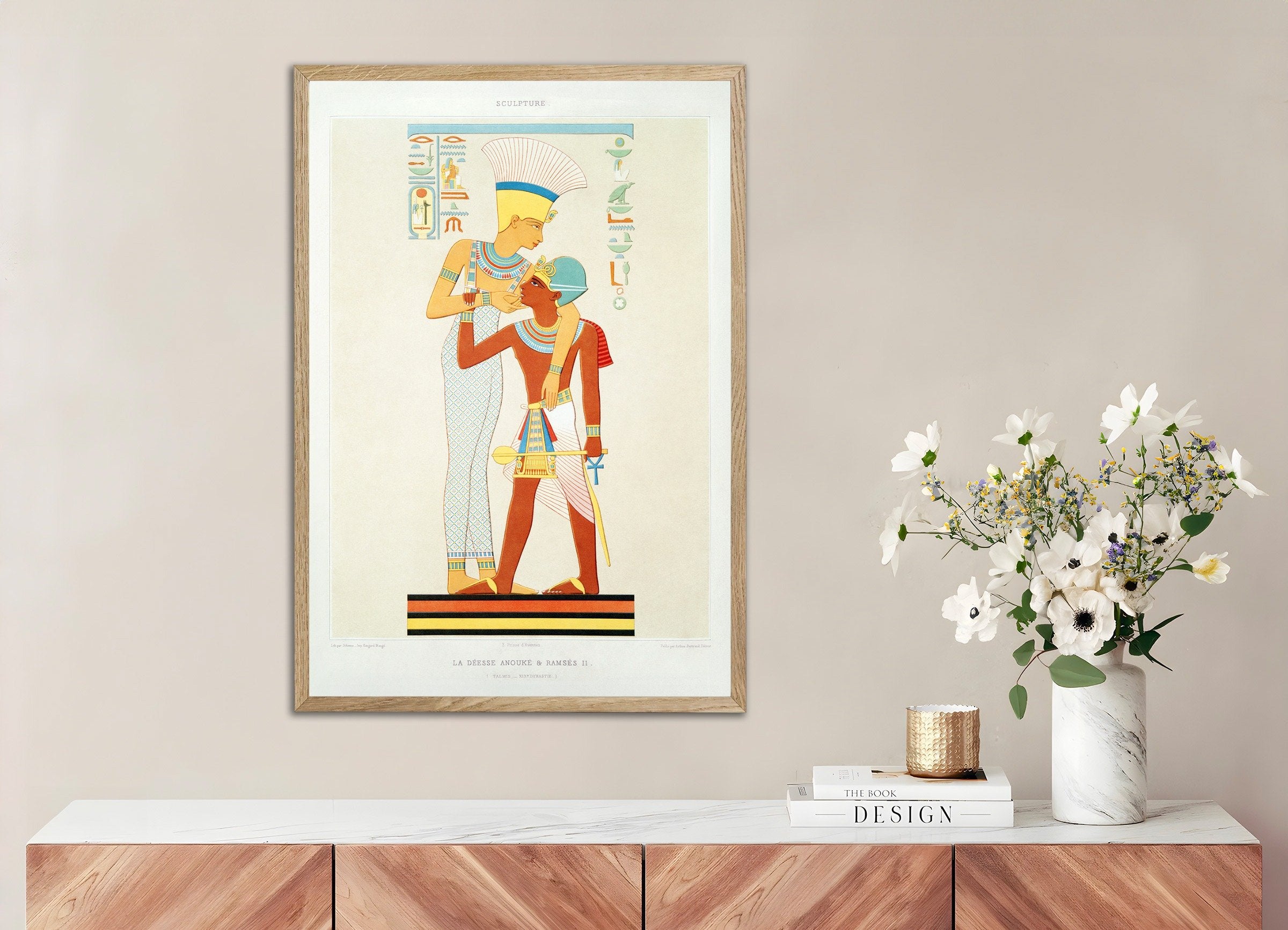 Poster of Goddess Anouke & Ramses II – Egyptian Art Print, with natural wooden frame