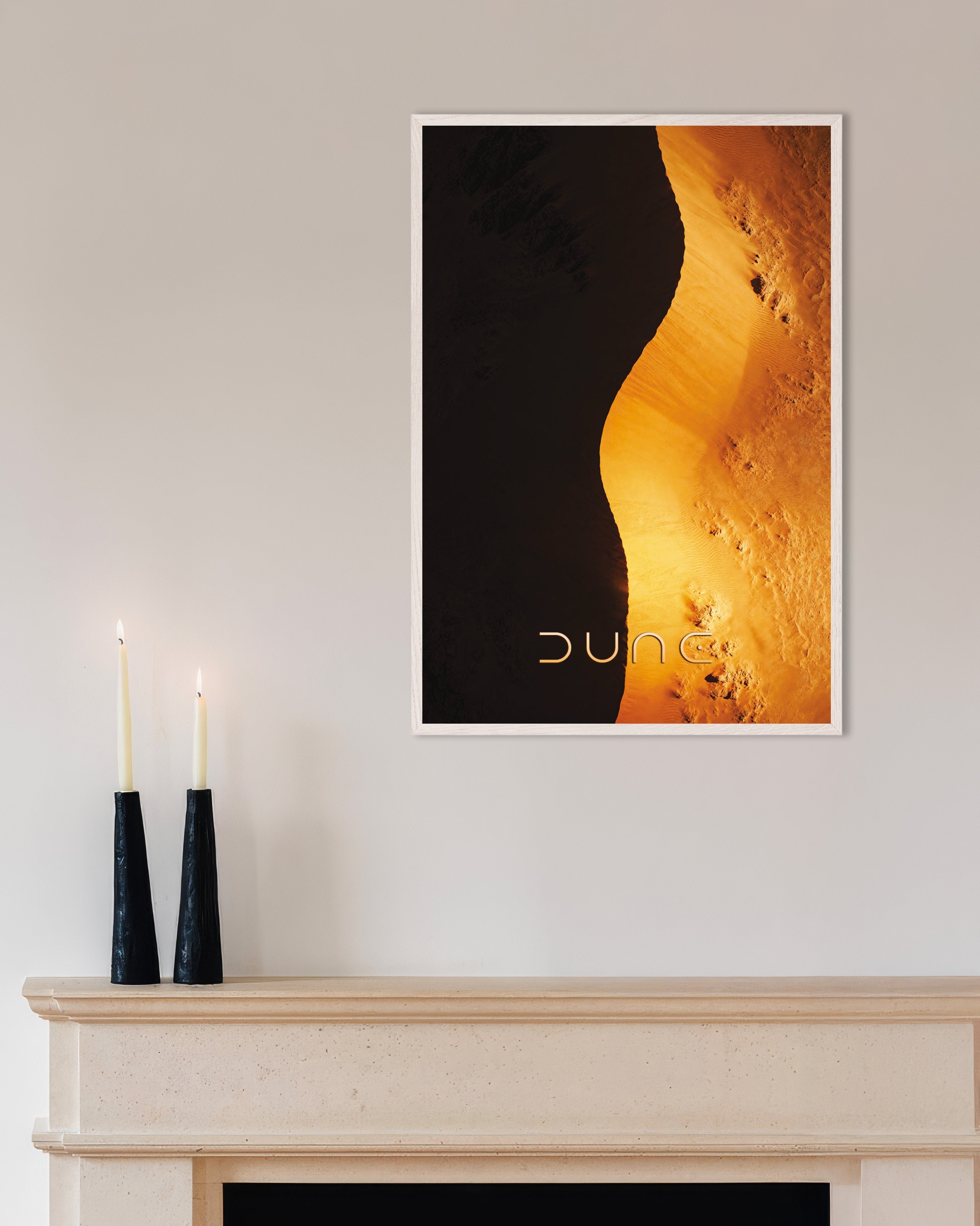 Poster of Golden Dune Curve Poster, Desert Shadow Art Print, with white wooden frame