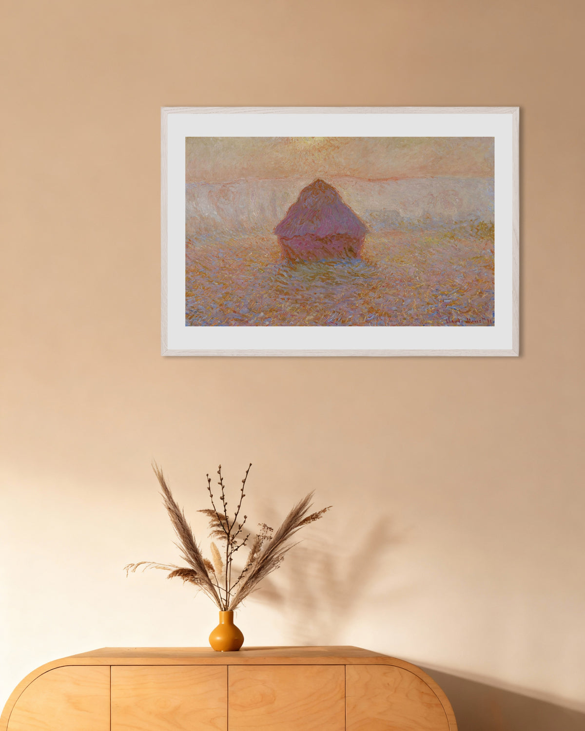 Plakat Stóg, słońce we mgle (1891), Claude Monet, w białej drewnianej ramie