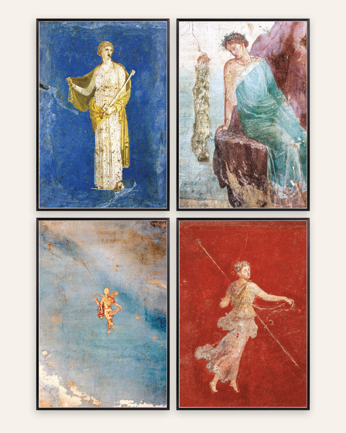 Plakaty z freskami rzymskimi, zestaw 4: Medea, Ikar, Psyche i menada, w czarnych metalowych ramach