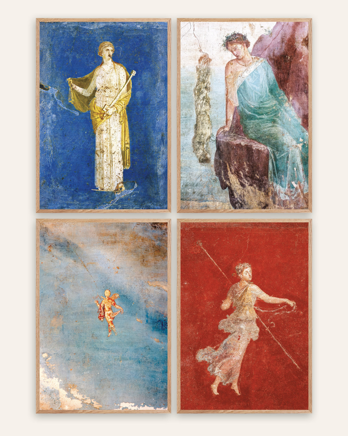 Plakaty z freskami rzymskimi, zestaw 4: Medea, Ikar, Psyche i menada, w ramach z naturalnego dębu