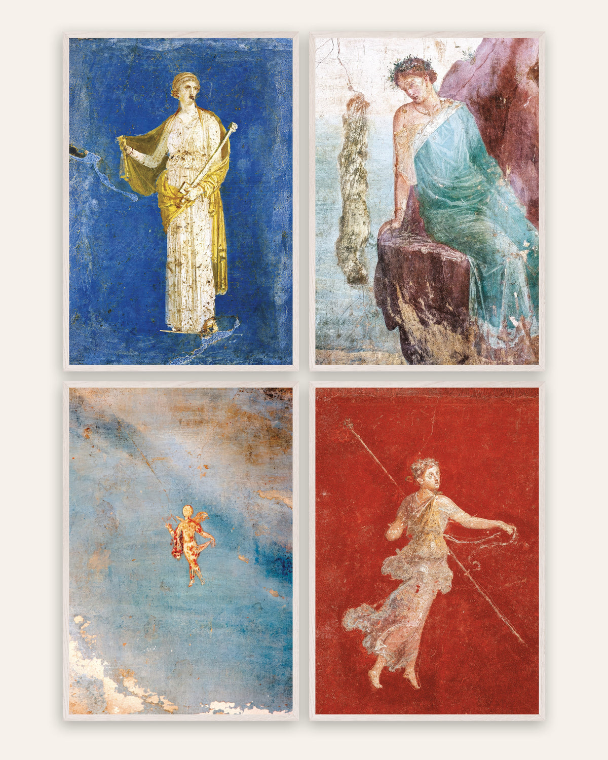Plakaty z freskami rzymskimi, zestaw 4: Medea, Ikar, Psyche i menada, w ramach z białego dębu
