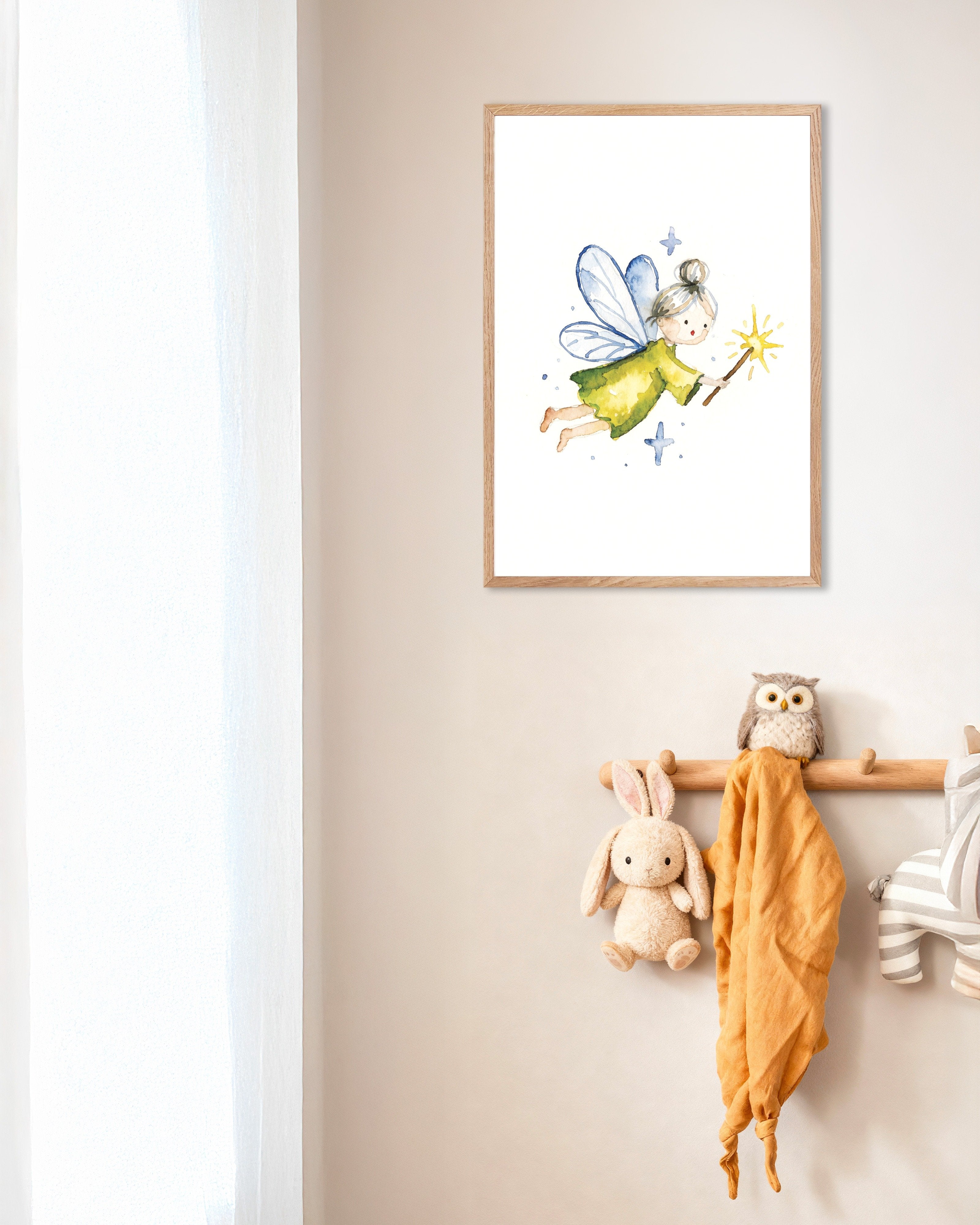 Poster of Green Dress Fairy Watercolor Poster, with natural wooden frame