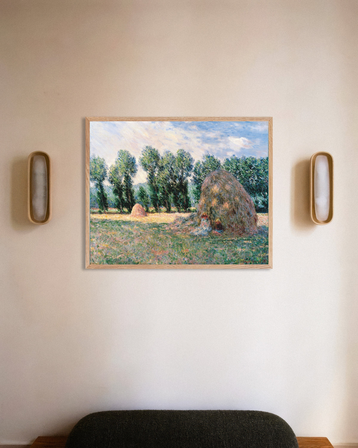 Plakat Stogi siana (1885), Claude Monet, w ramie z naturalnego drewna