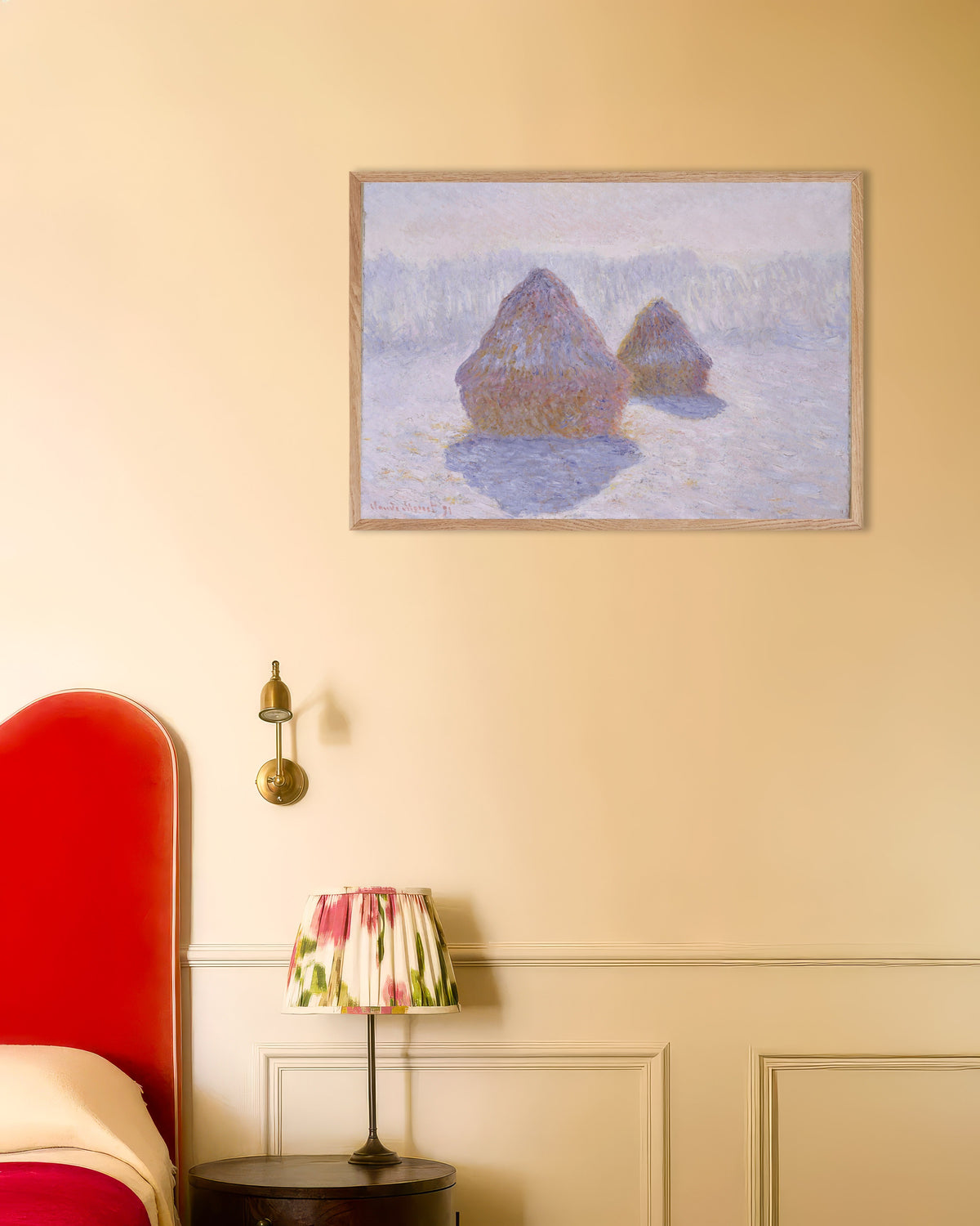 Plakat Stogi, efekt śniegu i słońca (1891), Claude Monet, w ramie z naturalnego drewna