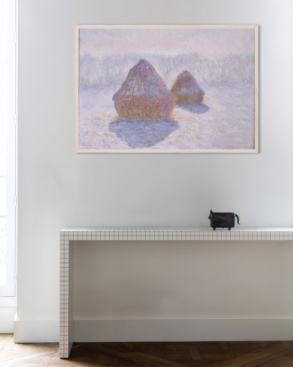 Plakat Stogi, efekt śniegu i słońca (1891), Claude Monet, w białej drewnianej ramie