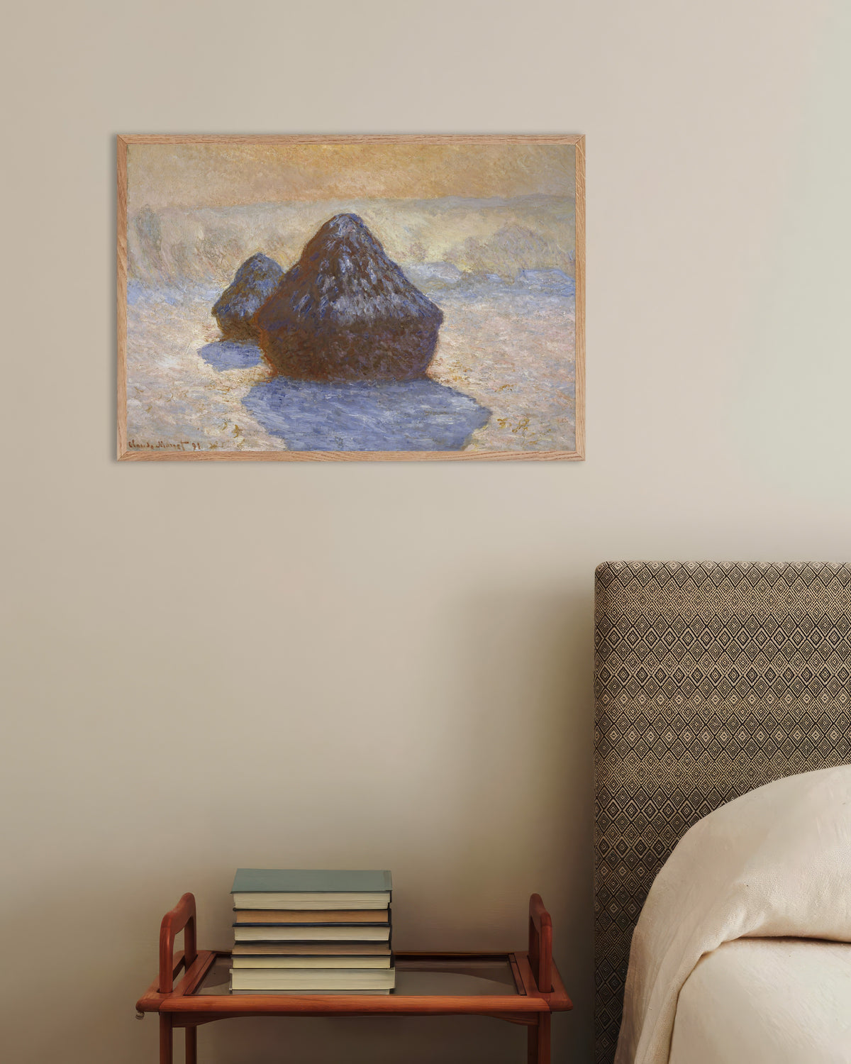 Plakat Stogi, efekt śniegu (1891), Claude Monet, w ramie z naturalnego drewna