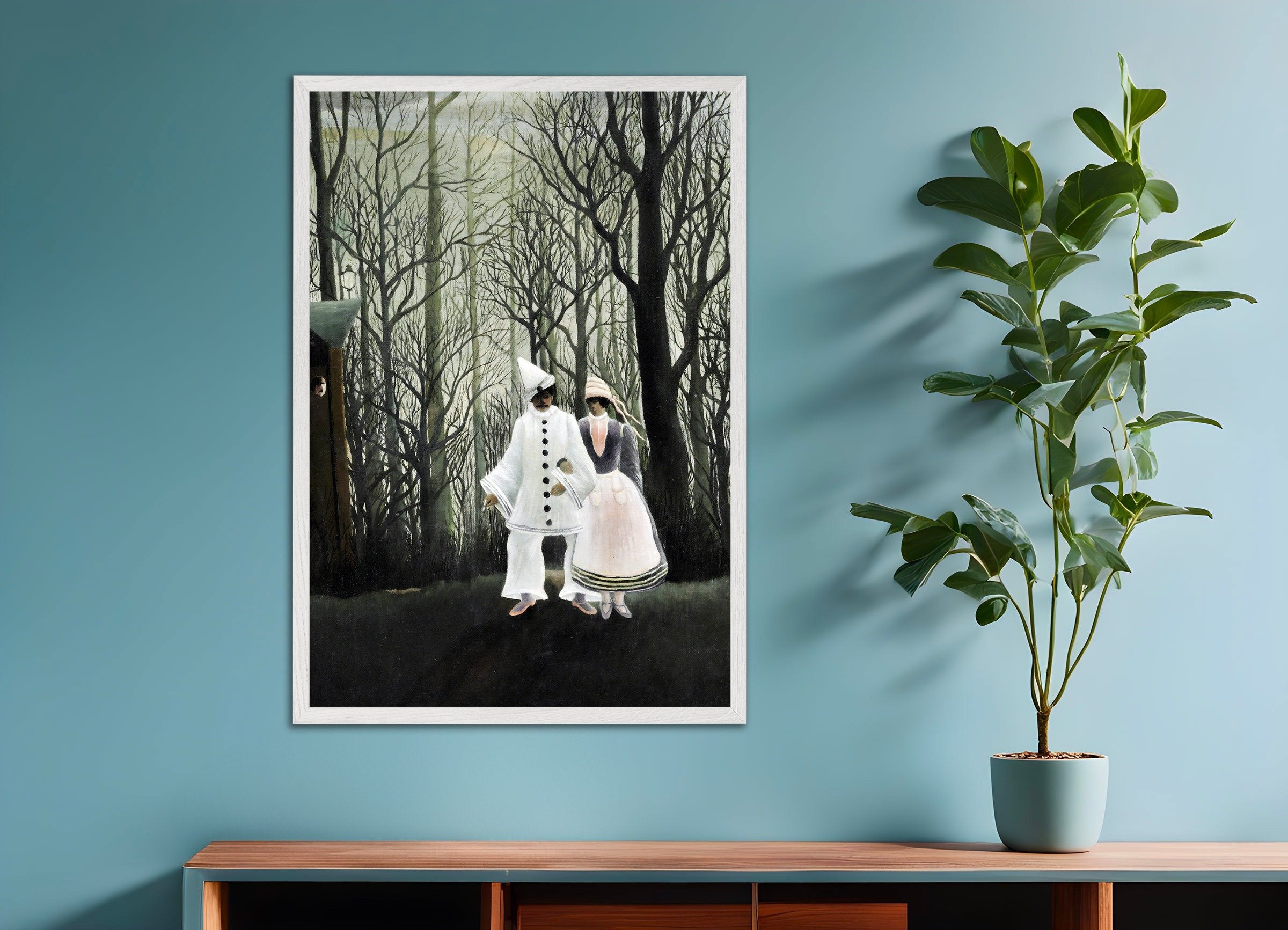 Poster of Henri Rousseau Print - A Carnival Evening (detail), with white wooden frame