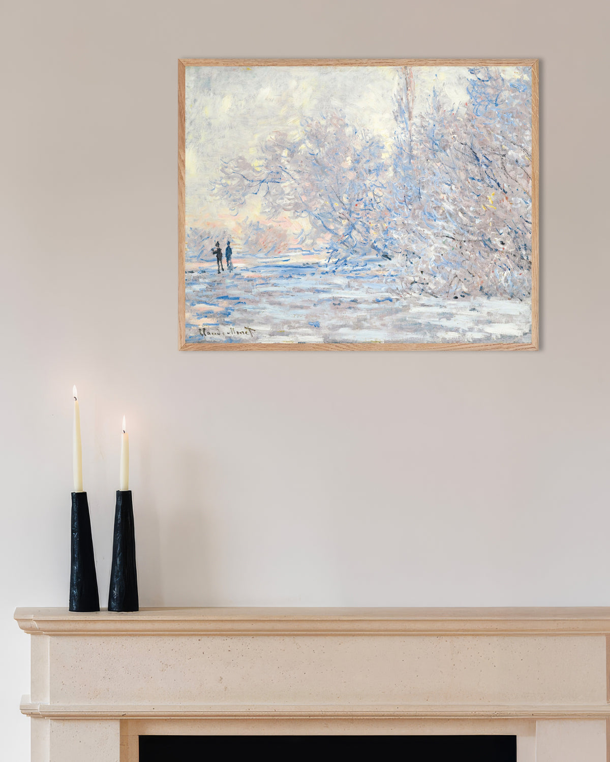 Plakat Szron w Giverny (1885), Claude Monet, w ramie z naturalnego drewna