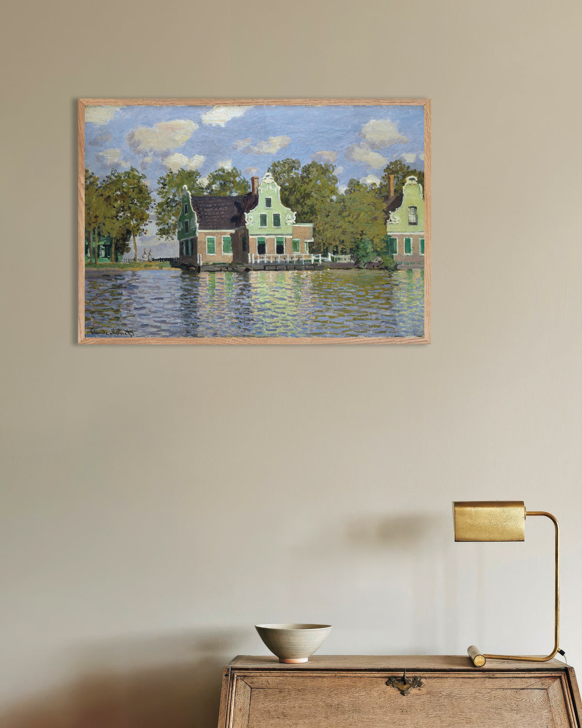 Plakat Domy nad brzegiem Zaan (1871), Claude Monet, w ramie z naturalnego drewna