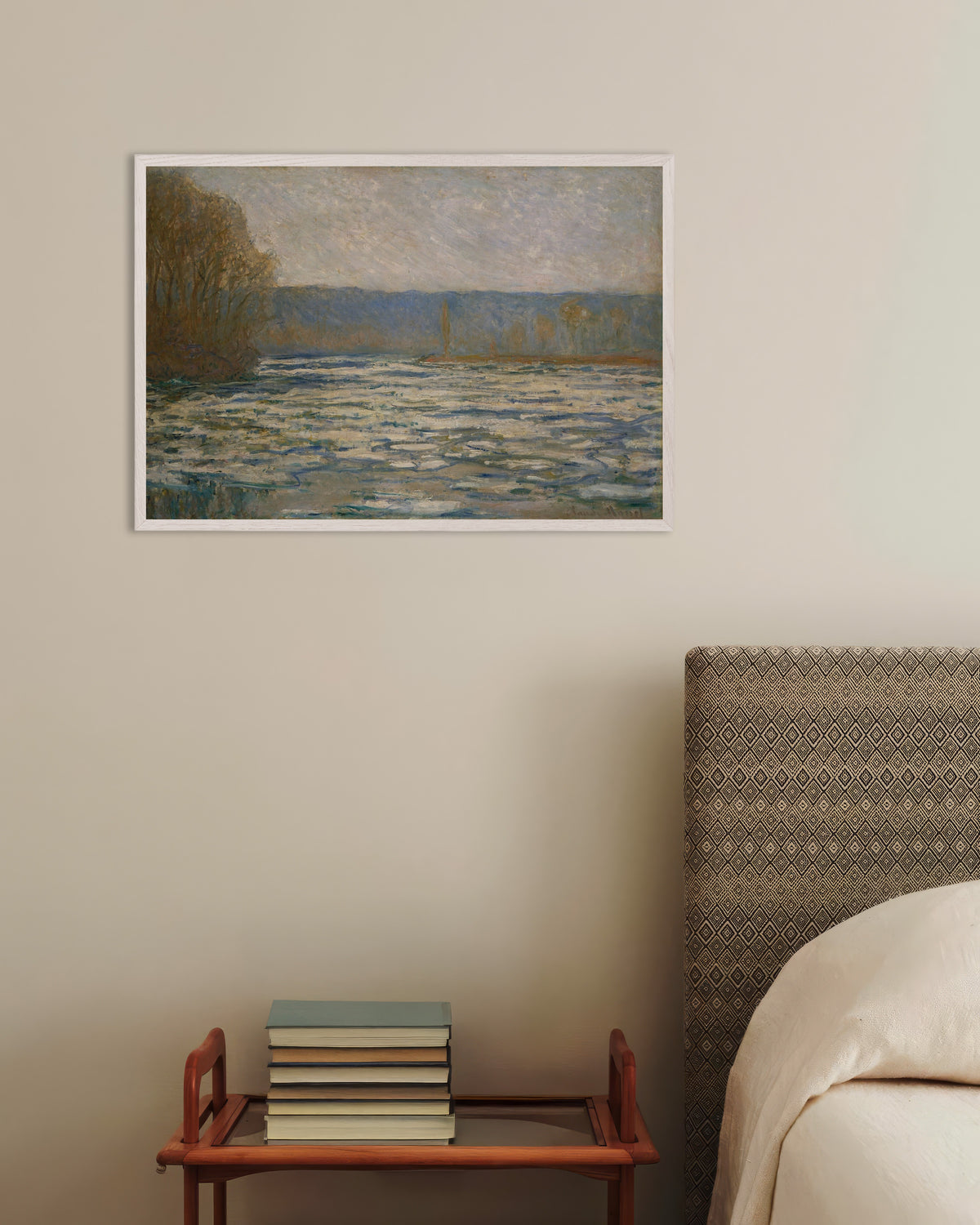Plakat Kra na Sekwanie koło Bennecourt (1893), Claude Monet, w białej drewnianej ramie