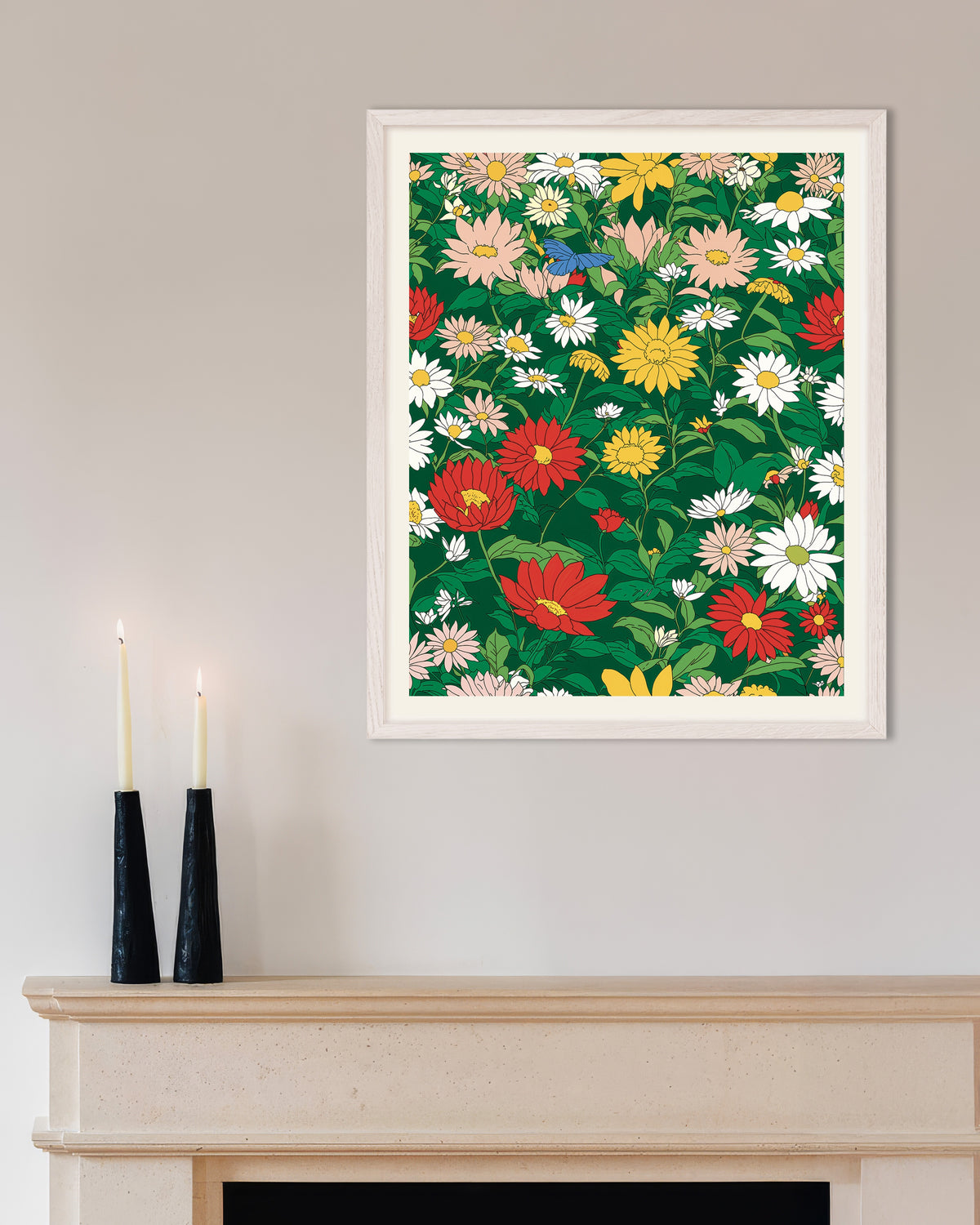 Plakat przedstawiający Japońskie studio animacji, kwiaty, w białej drewnianej ramie