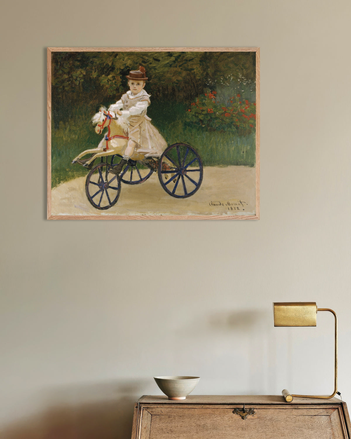 Plakat Jean Monet na koniku na kółkach (1872), Claude Monet, w ramie z naturalnego drewna