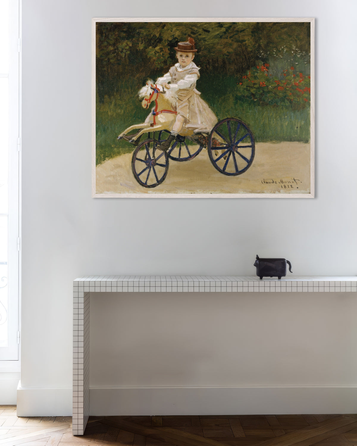 Plakat Jean Monet na koniku na kółkach (1872), Claude Monet, w białej drewnianej ramie