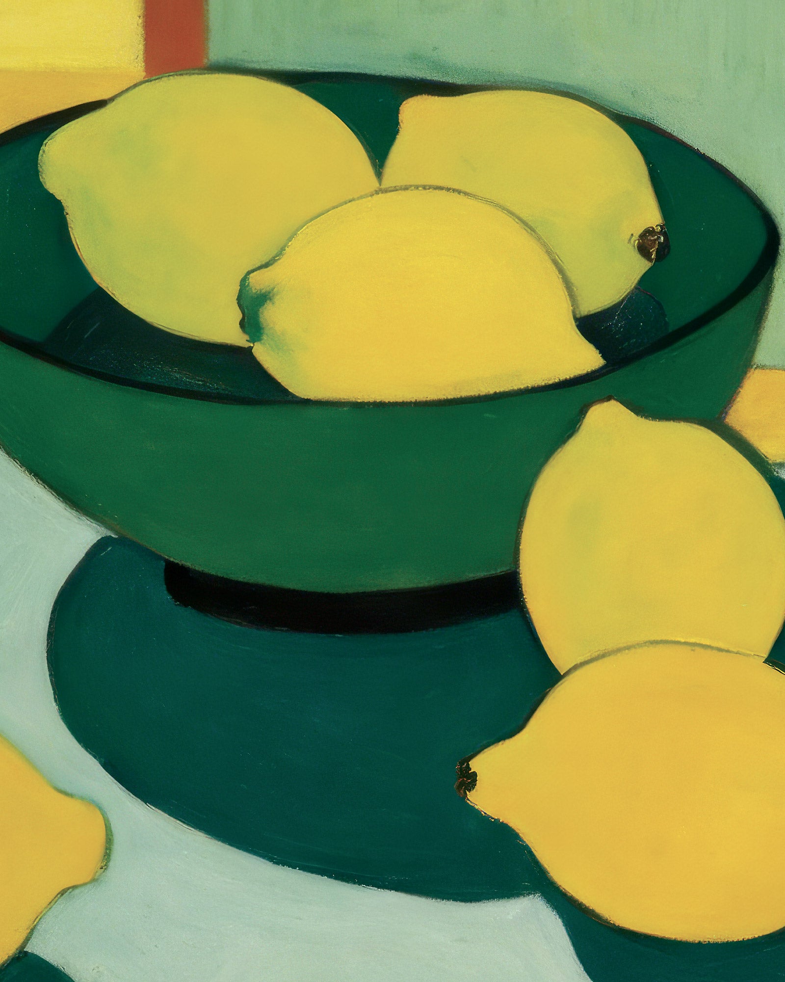 Still life painting of lemons in a green bowl with abstract background