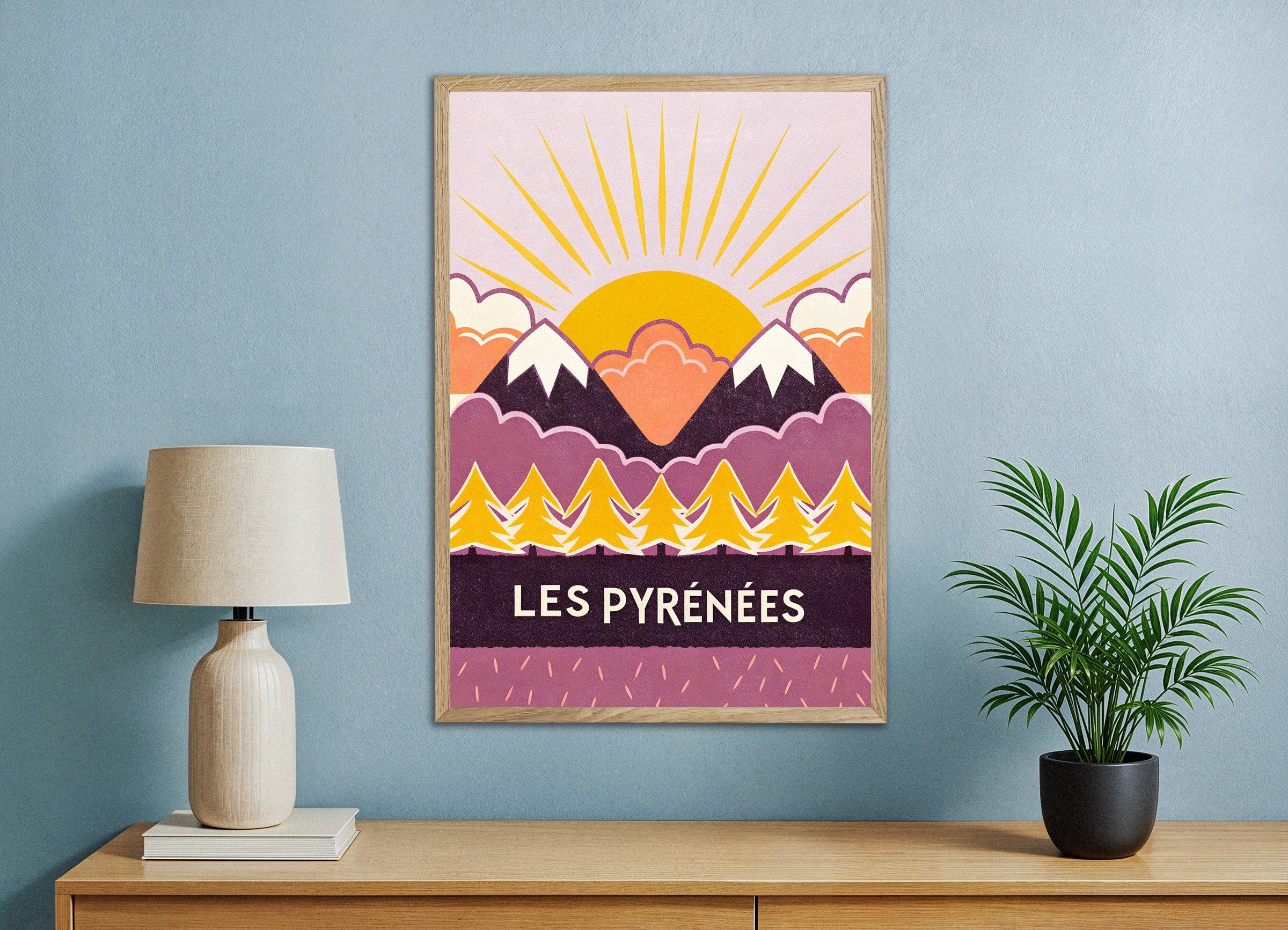 Poster of Les Pyrénées – Sunset Mountain Graphic Art Print, with natural wooden frame