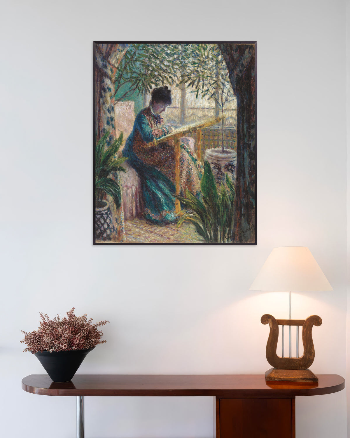 Plakat Madame Monet przy hafcie (1875), Claude Monet, w metalowej ramie